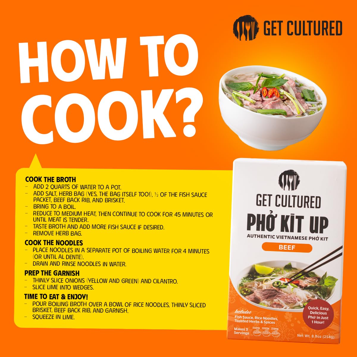 Get Cultured Box Beef Pho Kit – Authentic Vietnamese Pho Broth Base With Spice Bag, Rice Noodles, Fish Sauce Seasoning & Condiments – Flavorful & Authentic Pho at Home, 8.9 oz (3 Servings)