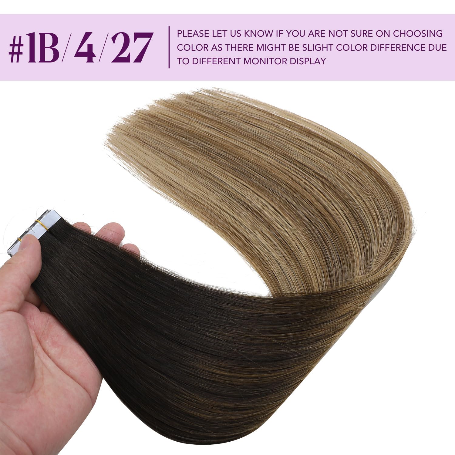 Sindra Haarverlängerung, Echthaar, selbstklebend, 55 cm, #1B427 | 20 Stück, 50 g, Schwarz bis Mittelbraun mit Karamellbraun, Extensions, Echthaar, unsichtbar, Volumen für Damen, 55,8 cm