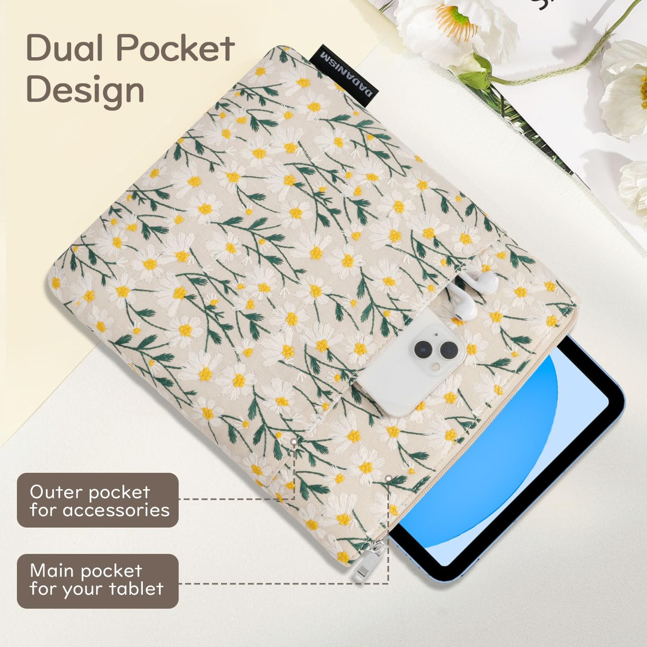 Dadanism 9-11 Pollici Custodia Protettiva a Margherita Ricamata per iPad (A16) 11", iPad Air M4 M3/Pro M5 M4 11", iPad 10a Gen 10,9", iPad 9/8/7a Gen 10,2", Galaxy Tab A11+ 11", Tab M11 11", Beige