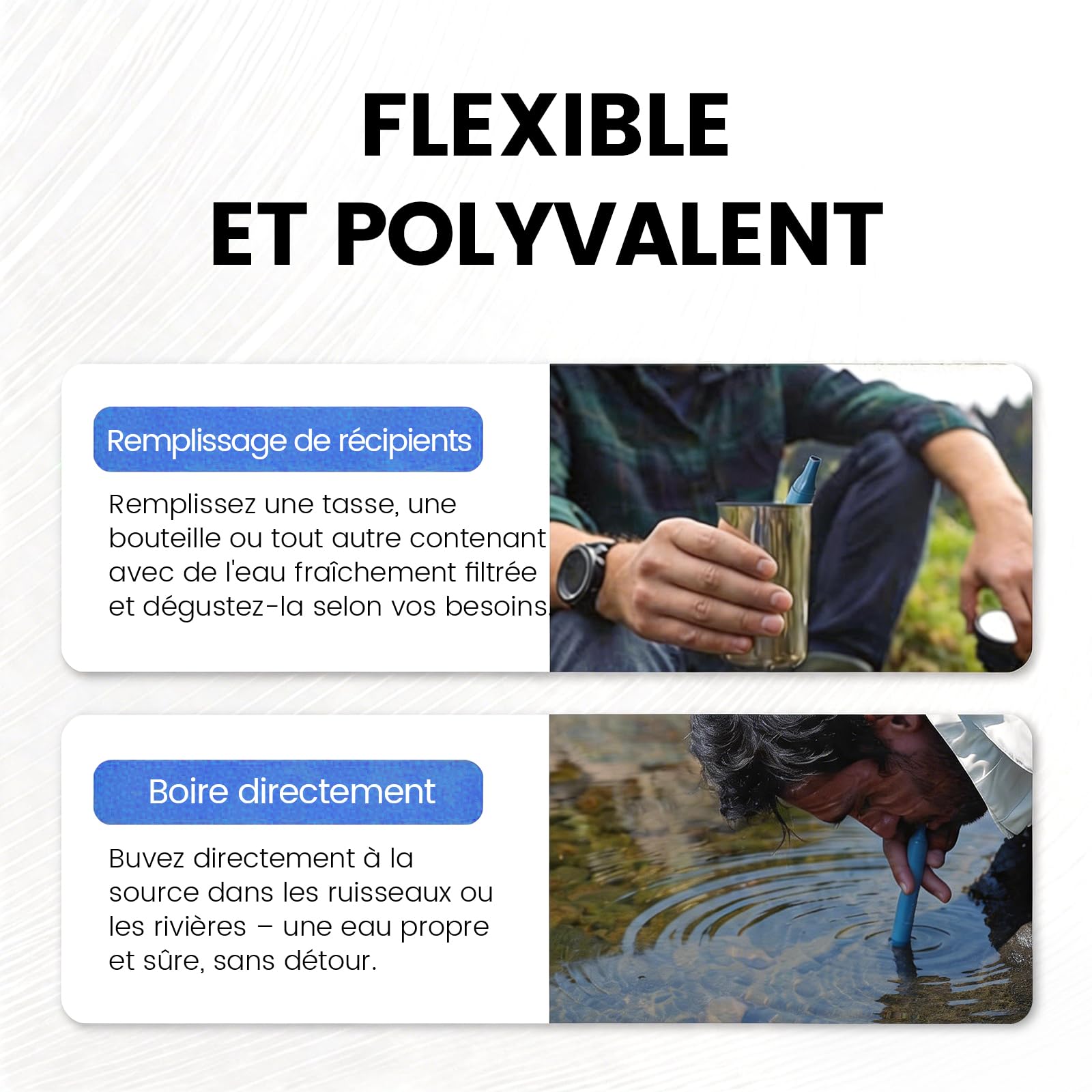 Paille Filtrante Survie Triangle 0.01µm, Filtre à Eau Portable Léger 30g, Élimine 99.9999% des Impuretés, 1000L Filtration, Pour Camping Randonnée Voyage, Lot de 4, Bleu