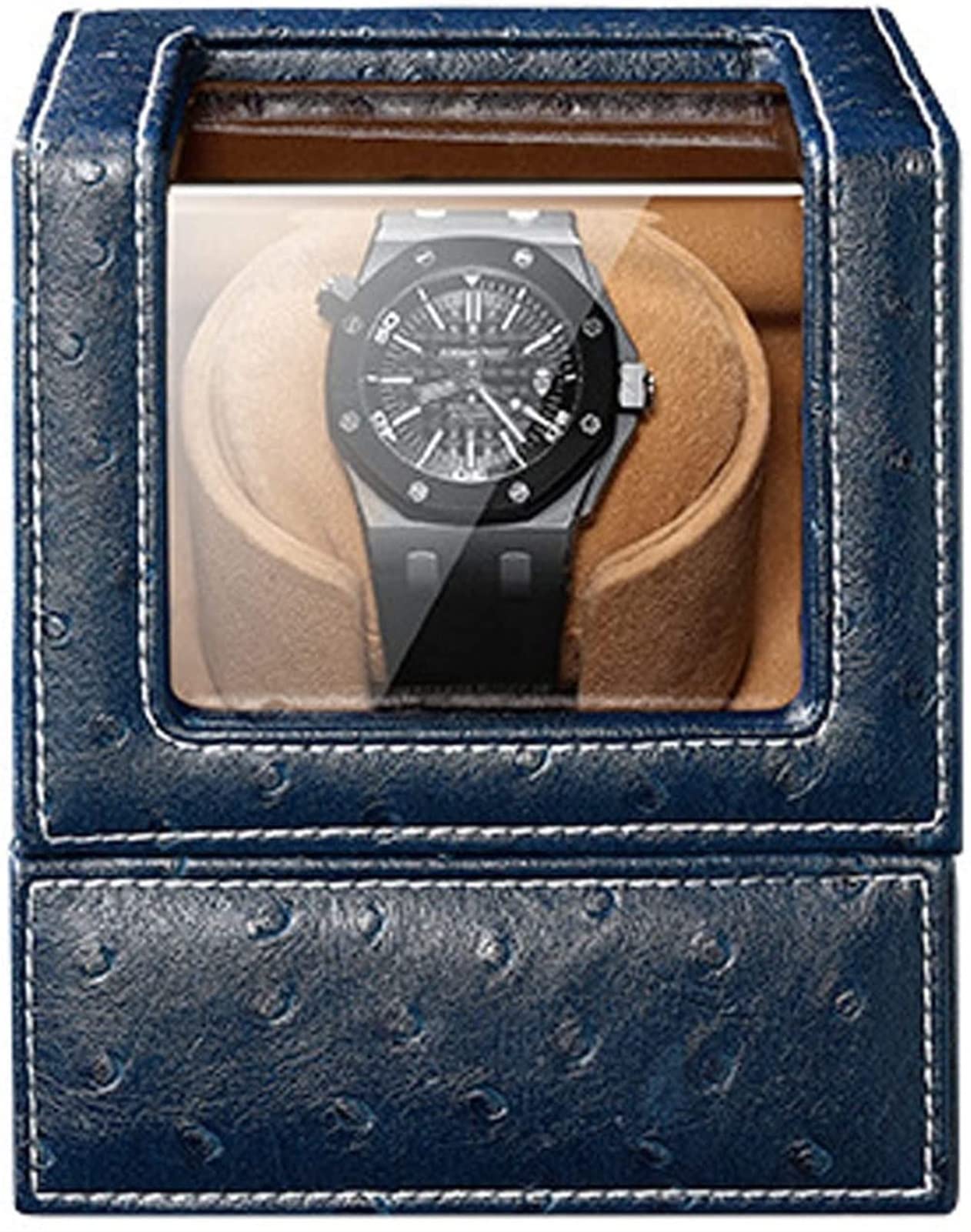 Remontoir de montre automatique en cuir d'autruche bleu chic