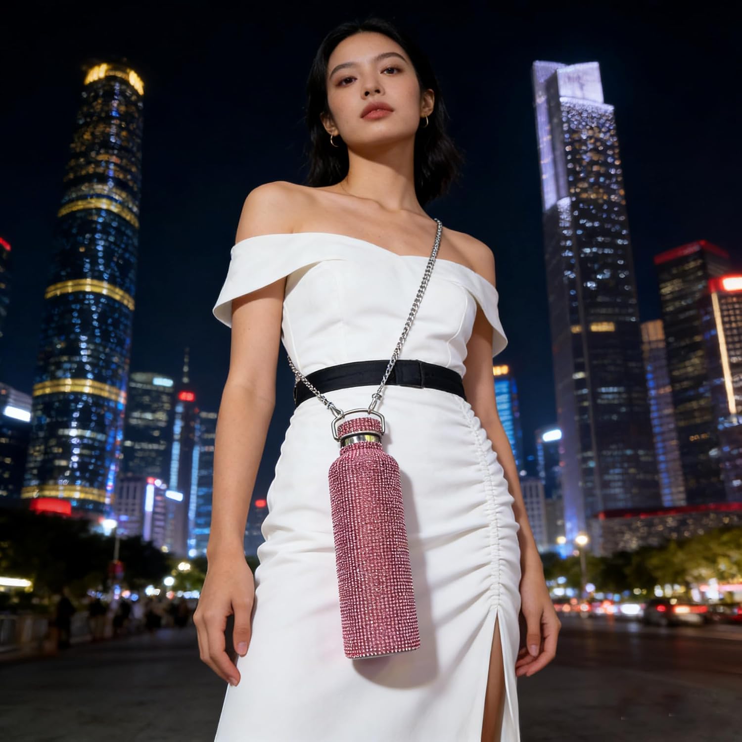32oz Diamond Water Bottle Bling Rhinestone Stainless Steel Thermal Refillable Insulated Glitter with Chain for Women Girls Gifts (1000ml),Red