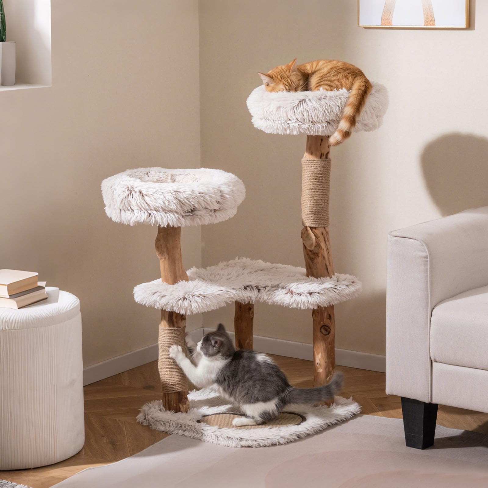 COSTWAY 101 cm Árbol Rascador para Gatos de Madera Maciza, 4 Plataformas Acolchadas de Felpa, Postes Rascadores y Alfombrilla, Torre Rascador para Gatos en Forma de Ramas de Bohemio para Interior