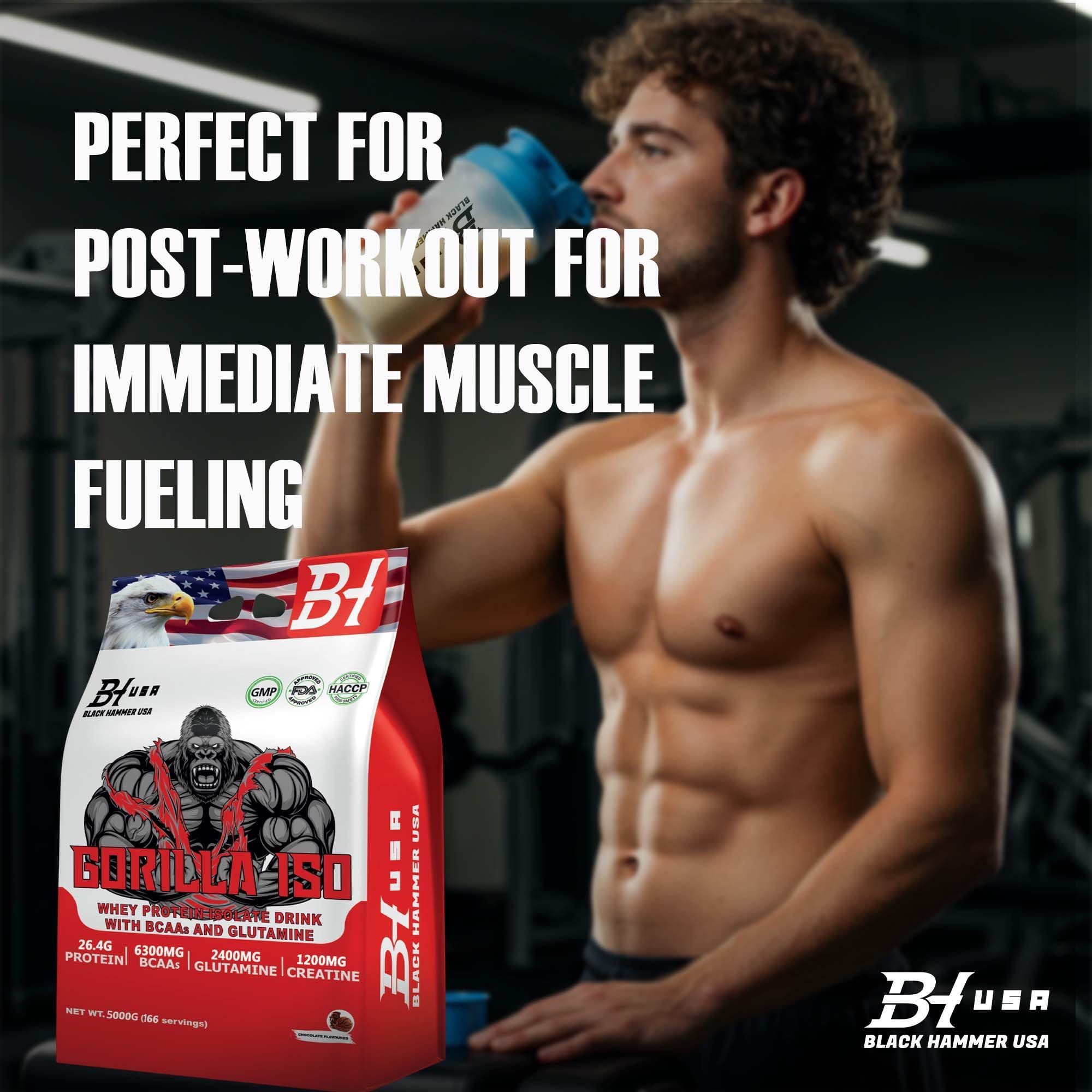 Gorilla ISO Whey Protein Isolat 10 kg (2 x 5 kg) – Banane-Erdbeere & Schokolade – 26,4 g Protein, 6,3 g BCAA, 12,66 g EAA, Kreatin & Glutamin – Black Hammer USA