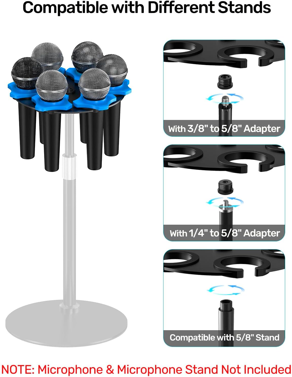 Multi Microphone Holder Up to 6 Mics - Aluminum Mic Holder for Handheld Wired & Wireless Mics, Mounts on 5/8", 3/8", 1/4" Threaded Stand, Ideal for Church & Stage Mic Display and Organizer