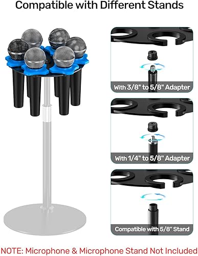 Miniatura 5 de Soporte de micrófono múltiple de 6 ranuras para soporte de micrófono, base de aleación y anillos antivuelco, compatible con soporte roscado de 58