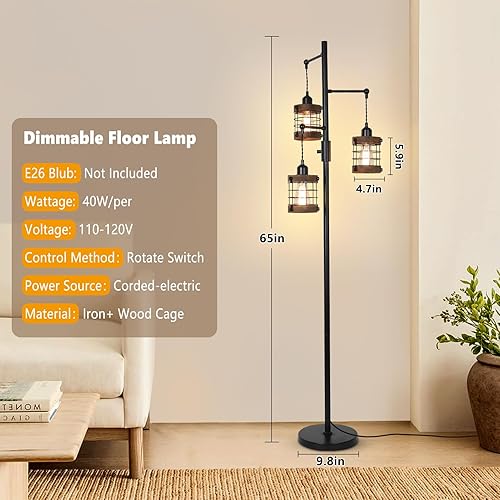 Miniatura 4 de Airposta Lámparas de pie regulables para sala de estar, lámpara de pie industrial de 3 luces con jaula de madera y metal, lámpara de pie de granja