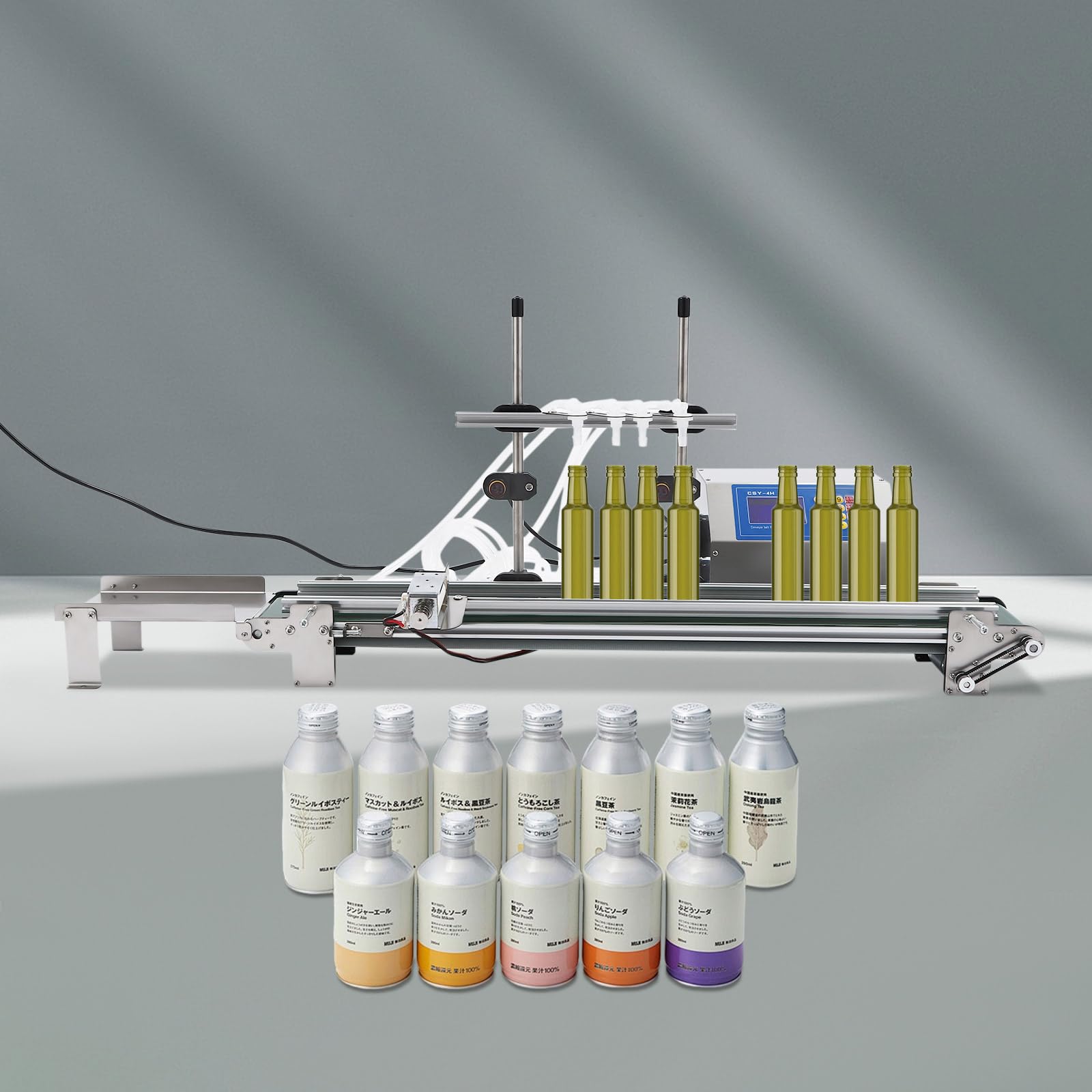 Abfüllmaschine für Flüssigkeiten mit Förderband und 1-4 einstellbaren Fülldüsen für 10-500ml Füllbereich Diaphragmenpumpe 150W geeignet