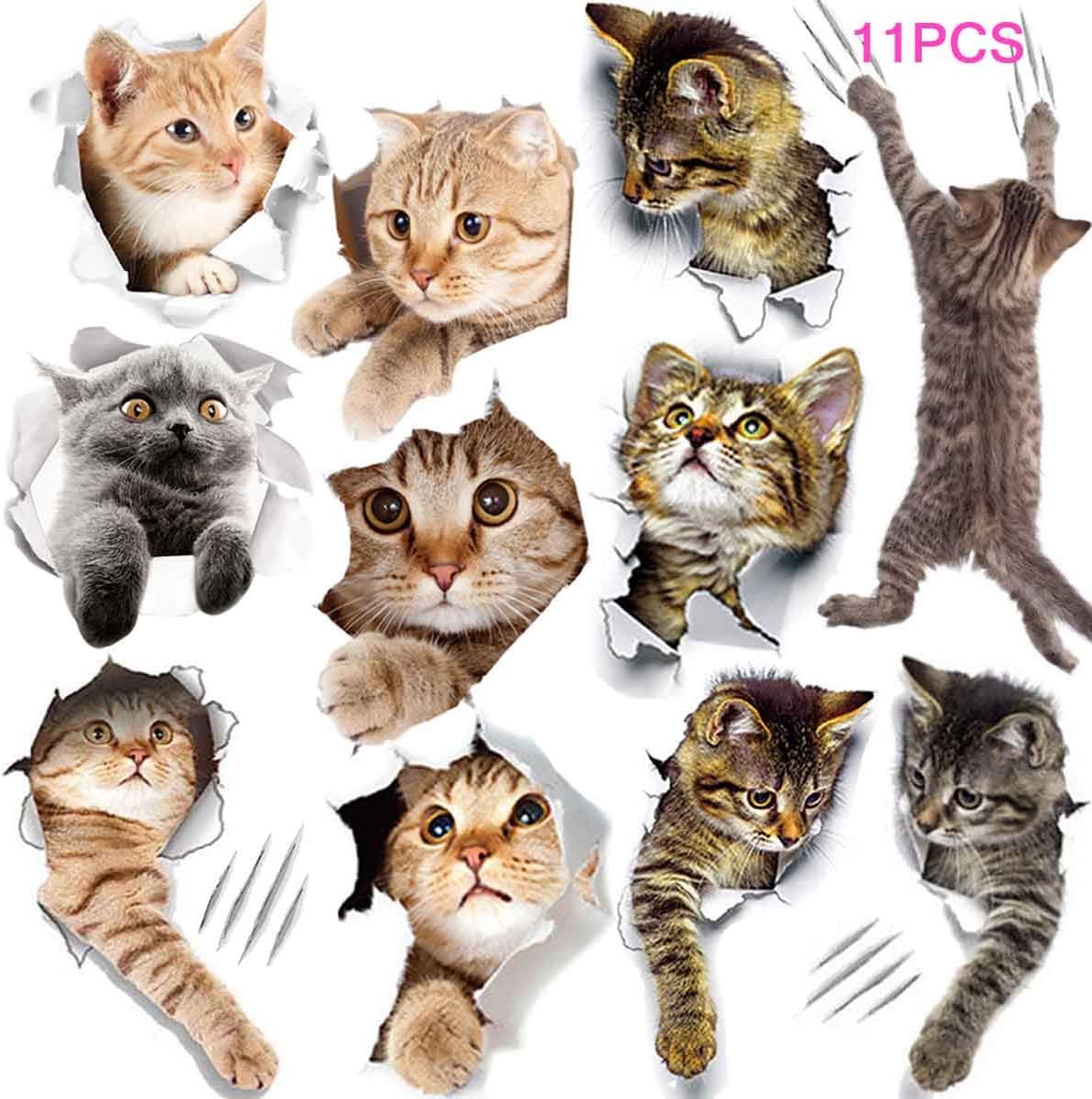 TTSAM 11PCS New 3D Removable Cartoon Animal Cats Large Wall Stickers, Easy to Peel Easy to Stick Safe on Painted Walls Cute Cat Decor Posters for Nursery Room Toilet Kitchen Offices