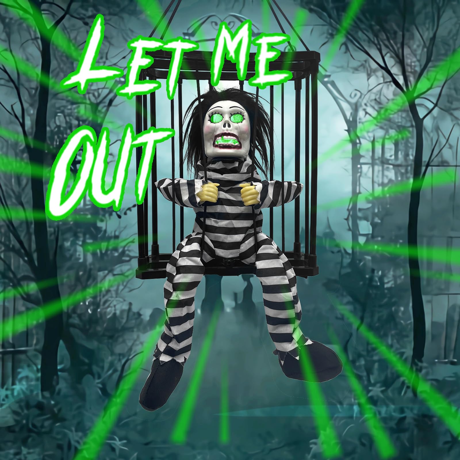 TOKLYUIE Prisoner Animated Halloween Decorations, Halloween Decor Prop with Motion Sensor Activated Light Up Eyes Spooky Scary Cage Ghost,Halloween Decorations for Indoor Outdoor Haunted House Decor