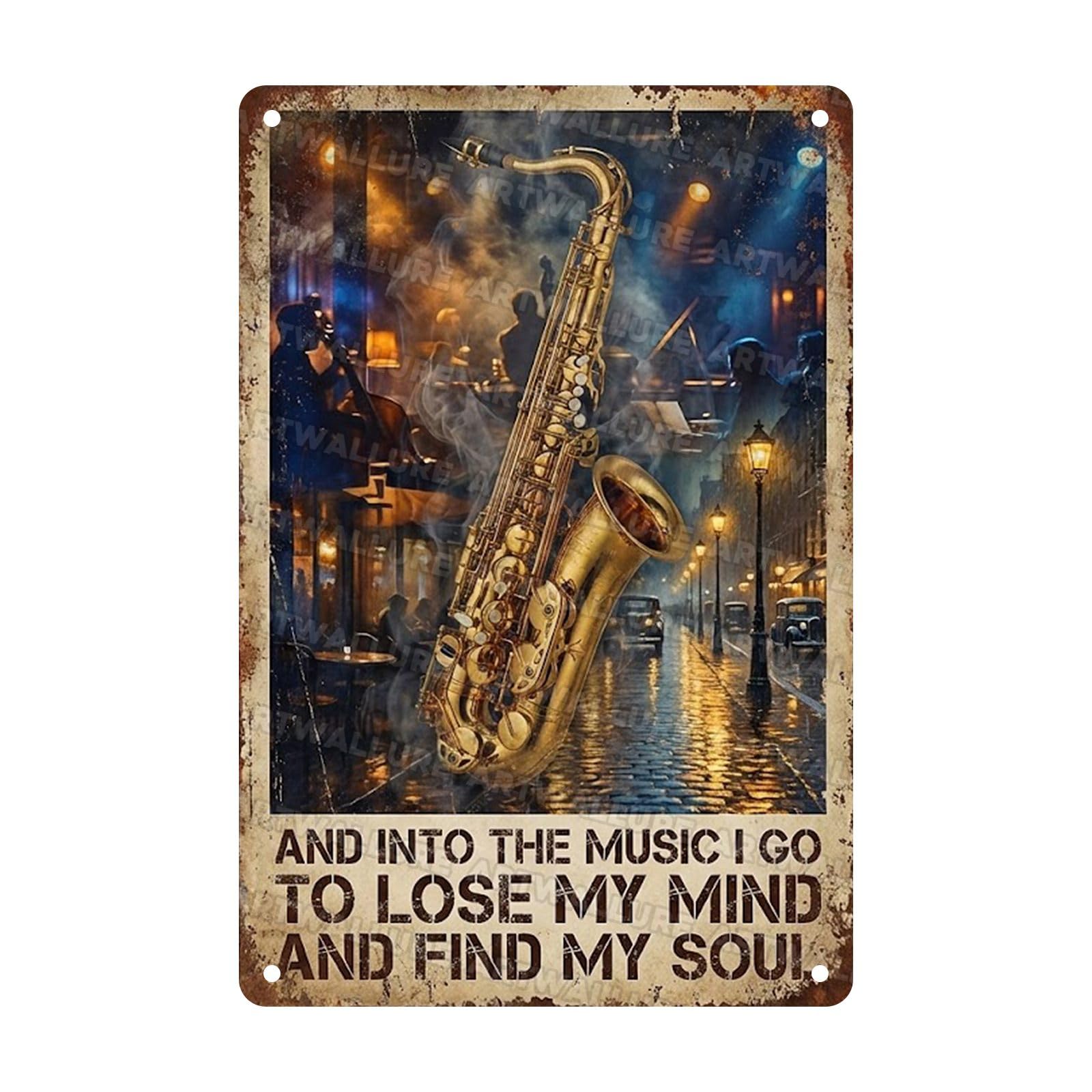 Vintage Saxophone Metal Tin Sign Jazz Music Decor Into The Music Quotes Retro Wall Art Gift for Musician Band 8x12Inch