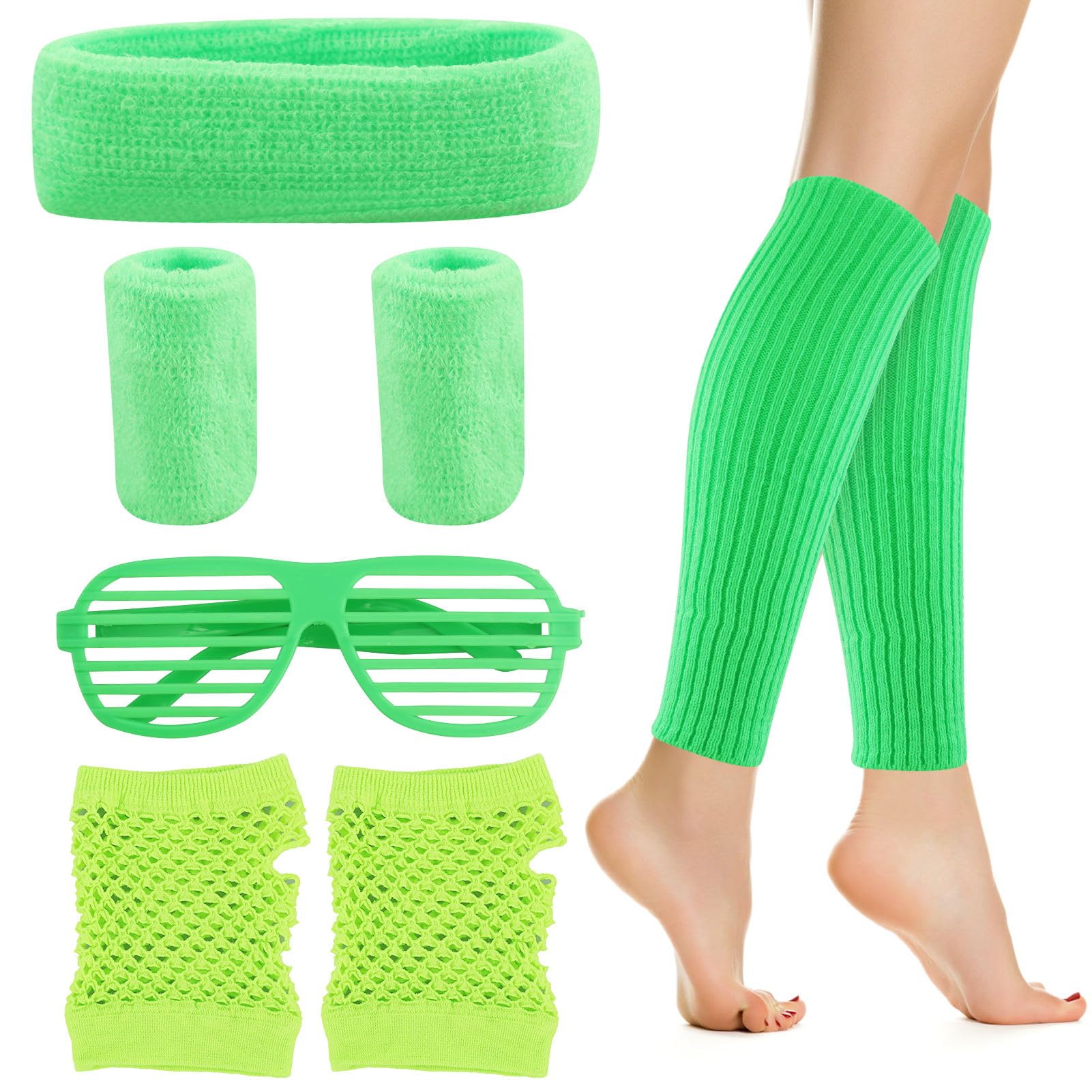RESTALLADNWEST Leg Warmers Fishnet Gloves Headband Wristbands Neon Set, 80s Women Fancy Dress Costume Accessories