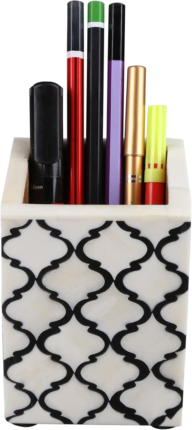 Handicrafts Home Pen Holder– Aesthetic Bone & Resin Inlay Pencil Cup for Modern Desk Organizer- Black White Moroccan Pattern Minimalist Office Accessories & Decor for Women- Make-up Organizer- 3x3x4”