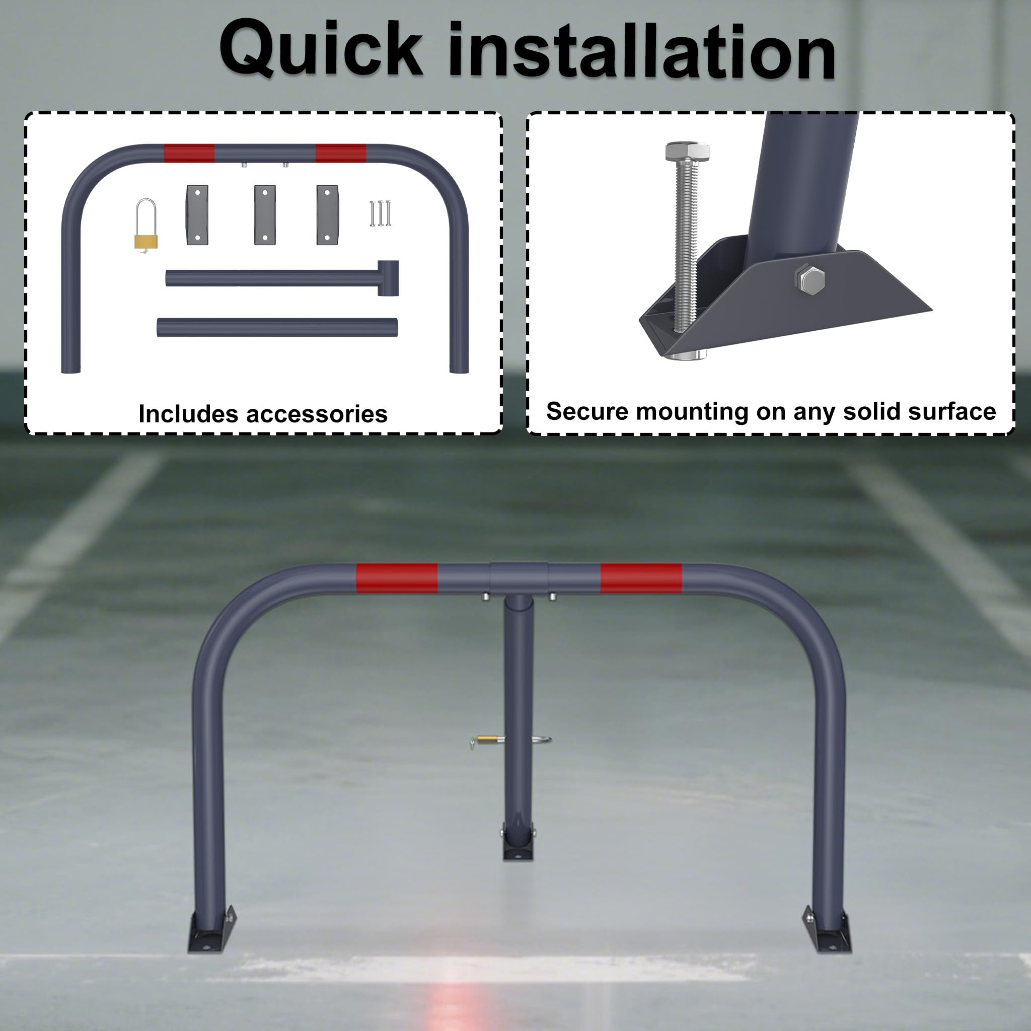 LZQ Lot de 2 barrières de parking pliables avec kit de montage, serrure et 3 clés, barrières de parking avec tube en acier de 35 mm de diamètre et douille Ø 40 mm, galvanisé à froid, plaque de sol de
