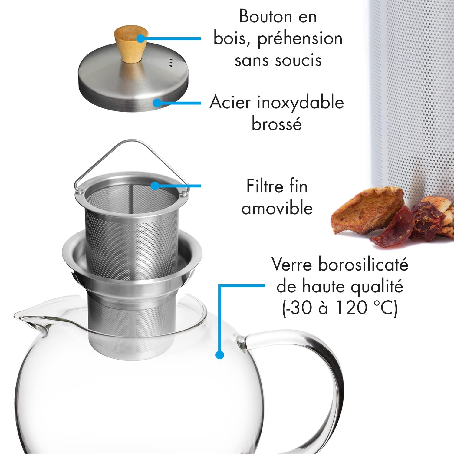 Théière en Verre Sans Chauffe (1,3L) - Avec Infuseur Inox, Élégante Poignée en Bois et Passoire en Acier Inoxydable