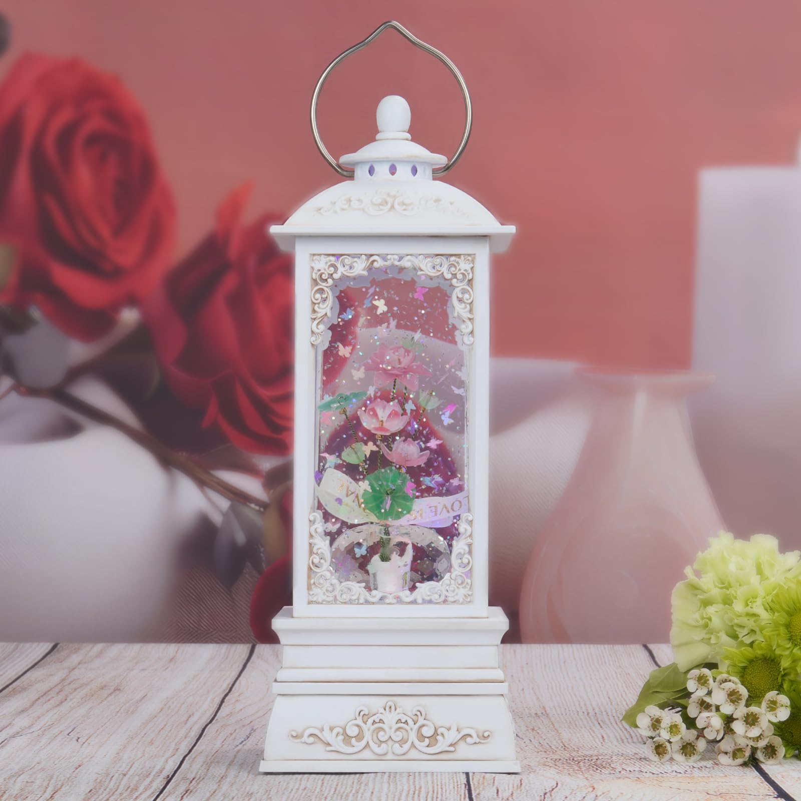 Valentines Day Gifts, Crystal Flower Lantern with Swirling Glitter, Music & 6H Timer, USB & 3AA Battery Powered, Gift for Valentine's Day Mother's Day Birthday Wedding Decorations (Lotus)