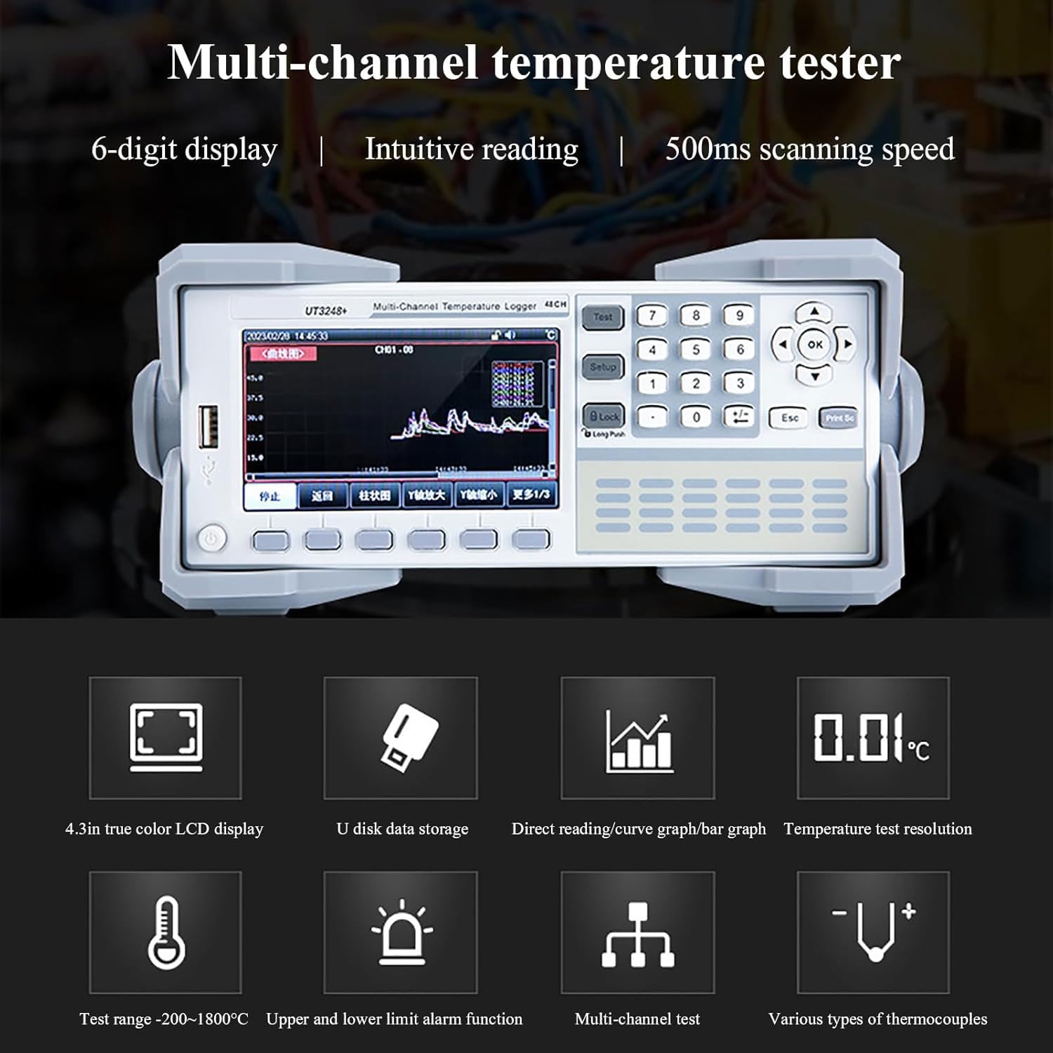 Tester digitale di temperatura a 8 canali, termometro termocoppia con scheda SD, alta precisione 0,01 °C, 3 modalità di visualizzazione, allarme over-limit, connessione PC, per generatore