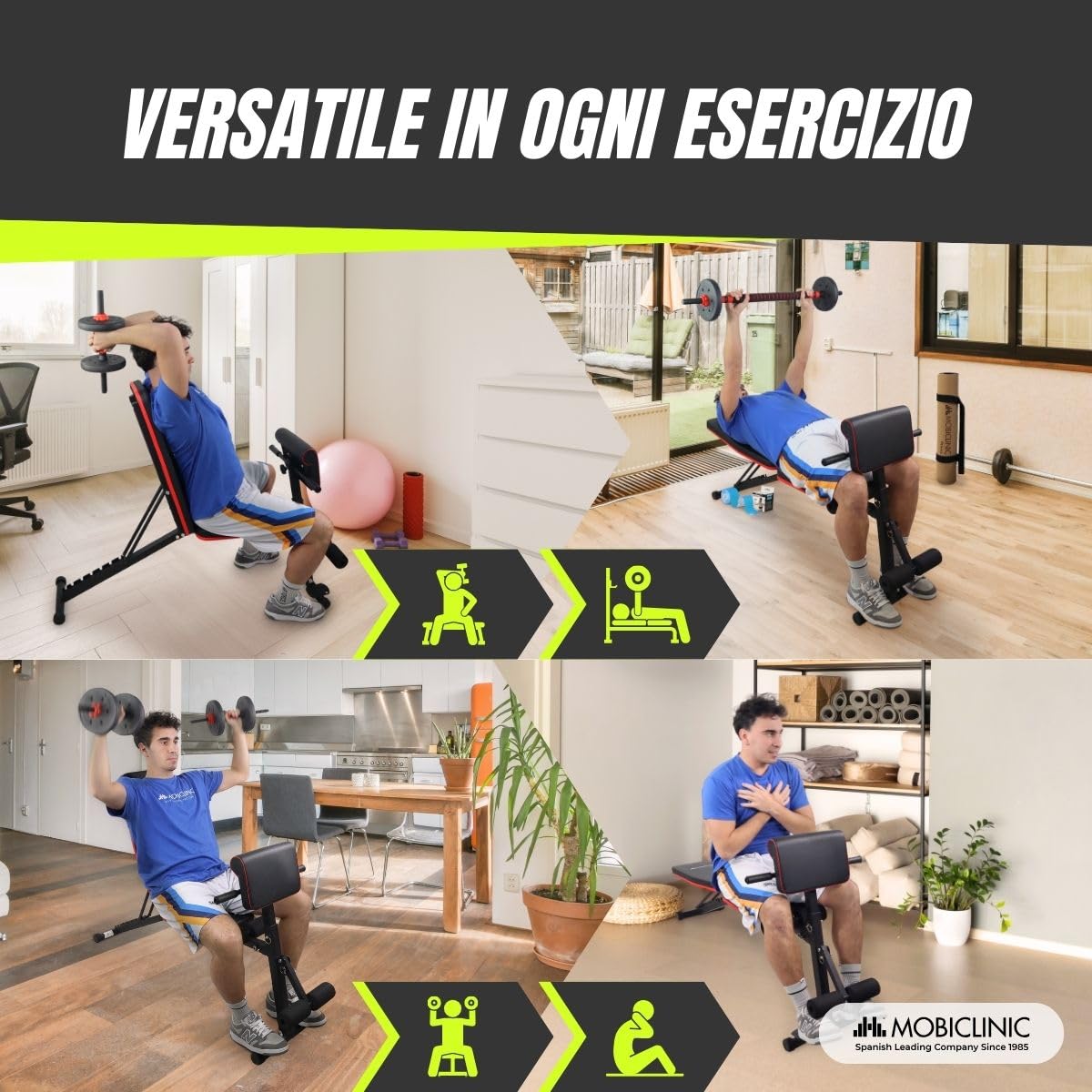 Mobiclinic®, Panca Palestra, Nastro di Resistenza, Pieghevole, Con Ruote, Multifunzione, Stampa di Banca, Regolabile, Declinabile e Inclinabile, Fino a 120kg, Planefit, Palestra Domestica