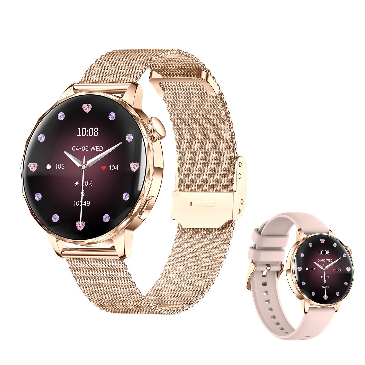 Reloj inteligente para mujer con función de teléfono, pantalla de 1.27 pulgadas, pulsera de metal y correa de silicona, frecuencia cardíaca/SpO2/presión arterial/monitor de sueño, seguimiento de ciclo