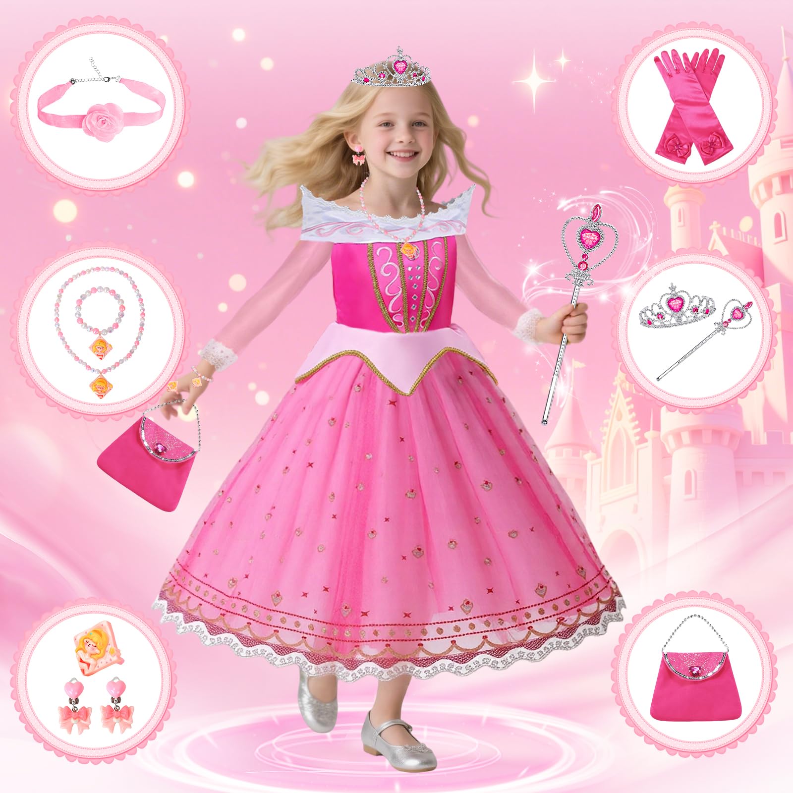 Vestito da Principessa, Vestito Principessa Rosa con Accessori, Costumi Bambina Onna Lunga con Accessorio 11 Pezzi Cosplay Compleanno Festa Halloween Natale