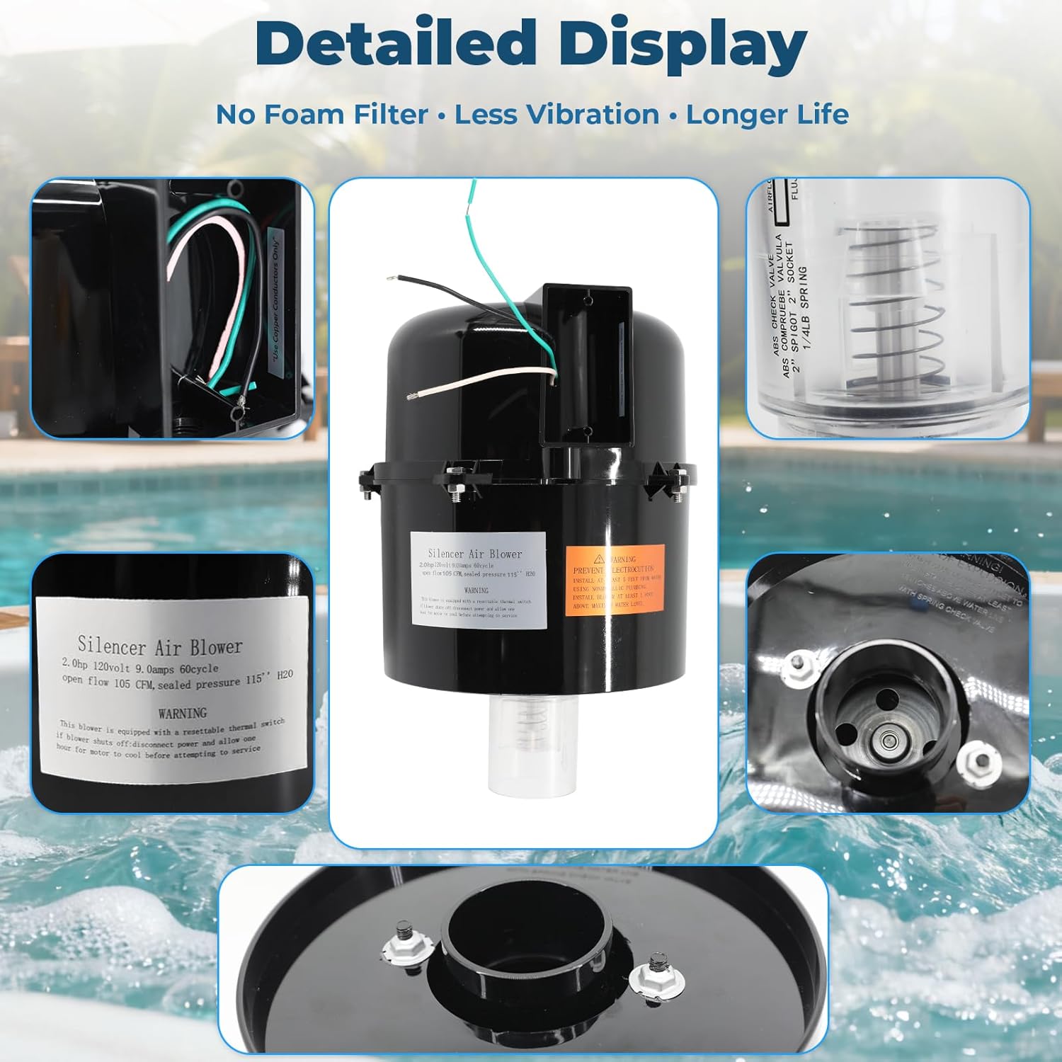 6320141 Silencer Spa Blower 2.0 HP 120 Volt 9.0 Amps Replacement for Air Supply, for use with 2 inch Plumbing, Quiet and Shock-Absorbing, Easy Installation, for Pool Hot Tub & Spa