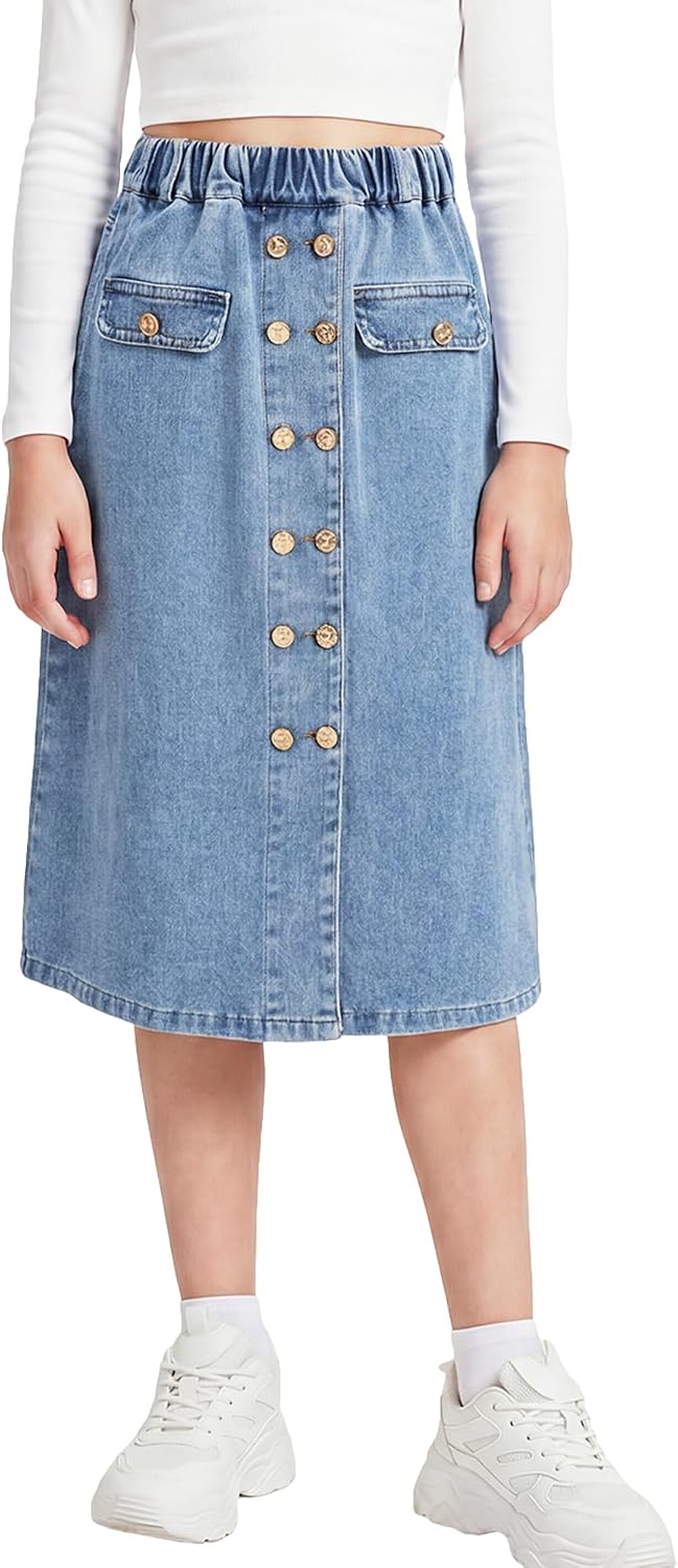 Happy Cherry Girls Casual Denim Skirt Midi A Line Knee Length Jean Skirt with Pockets High Elastic Waist Washed Skirt