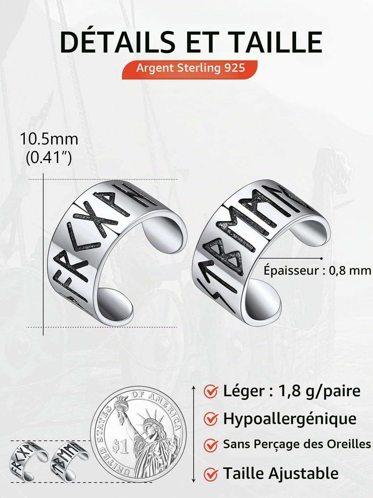 FaithHeart Boucle d'oreille Viking Argent Homme Femme,Clip d'oreille Nordique Runes Manchette doreille Homme,Bijoux Gothique Punk (Boîte Cadeau)