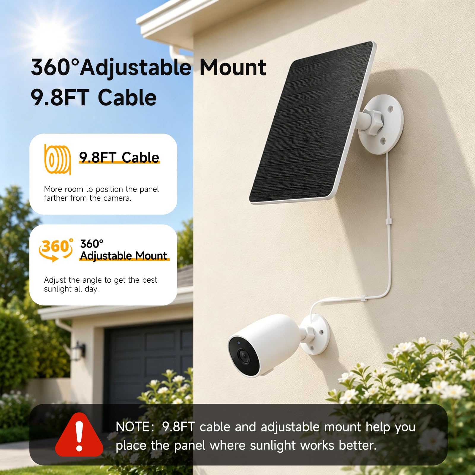 Pannello solare da 5 W per fotocamera ad anello, compatibile con riflettori ad anelli e batteria per esterni Stick Up, include spina a cilindro a adattatore micro USB e porta USB-C, 3600 mAh