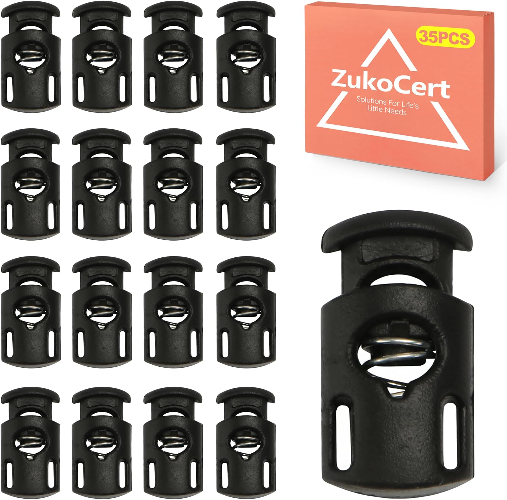 ZukoCert 35 Pcs Plastic Cord Locks Single Hole Spring Loaded Toggle, Draw String Clip Cord Stopper Fastener, Toggles for Drawstrings, Paracord, Shoelaces, Bags, Clothing - Black