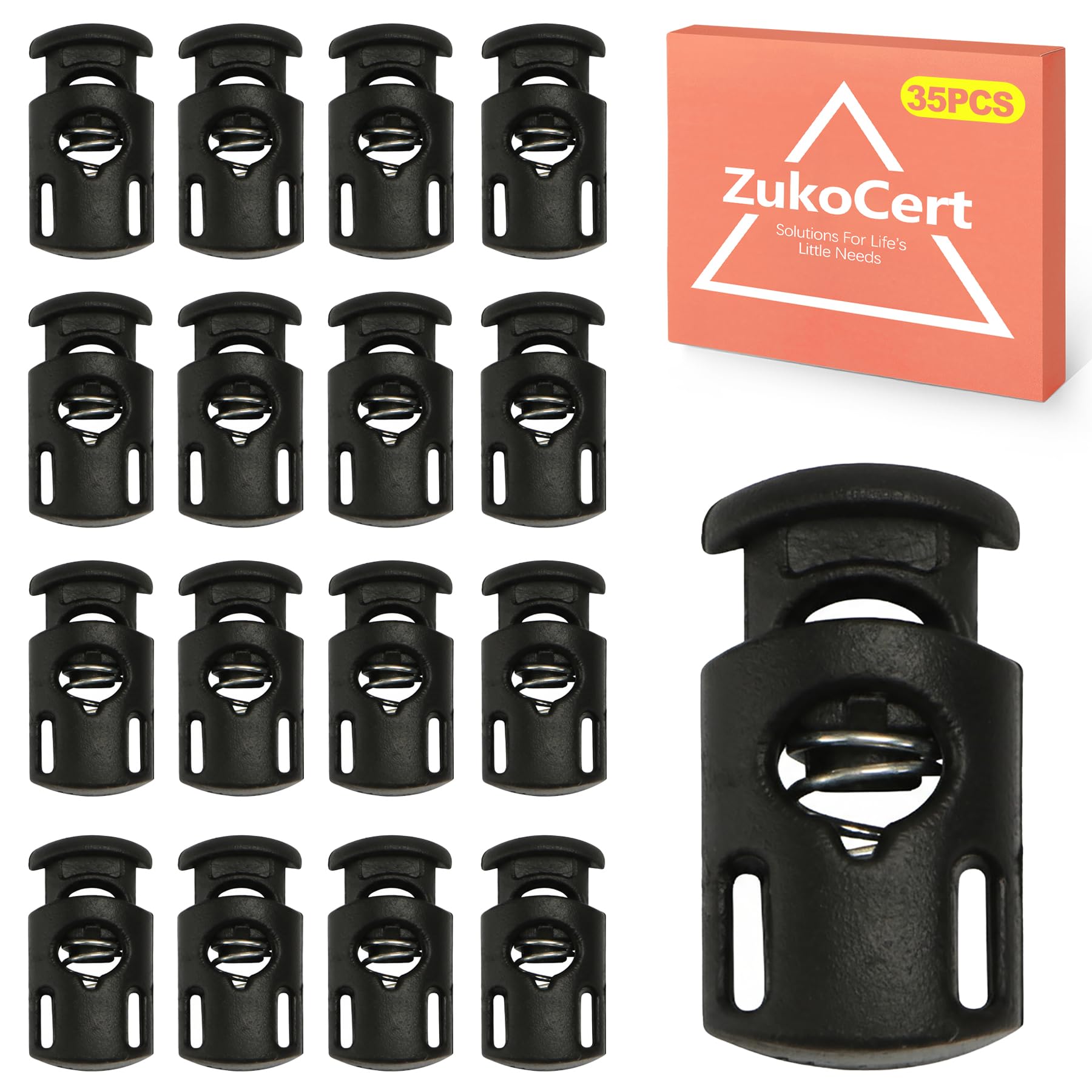 ZukoCert 35 Pcs Plastic Cord Locks Single Hole Spring Loaded Toggle, Draw String Clip Cord Stopper Fastener, Toggles for Drawstrings, Paracord, Shoelaces, Bags, Clothing - Black