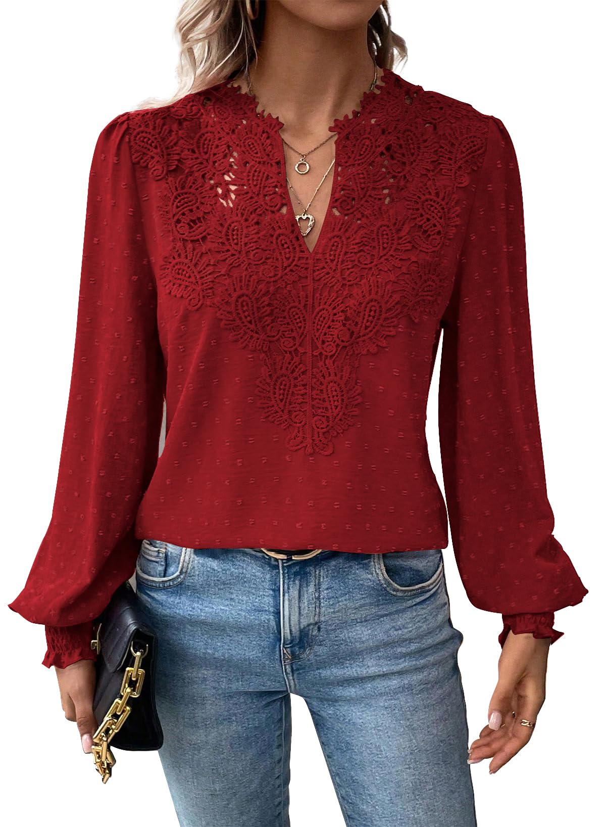TUUHAW Tunika Damen Große Größen Shirt Langarm Damen Boho Bluse V-Ausschnitt Top Süß Fließend Elegant Oberteile Volant Herbst Paspel Frühling Casual Rüschen T Shirt Lässig Outfits Kleidung Rot 2XL