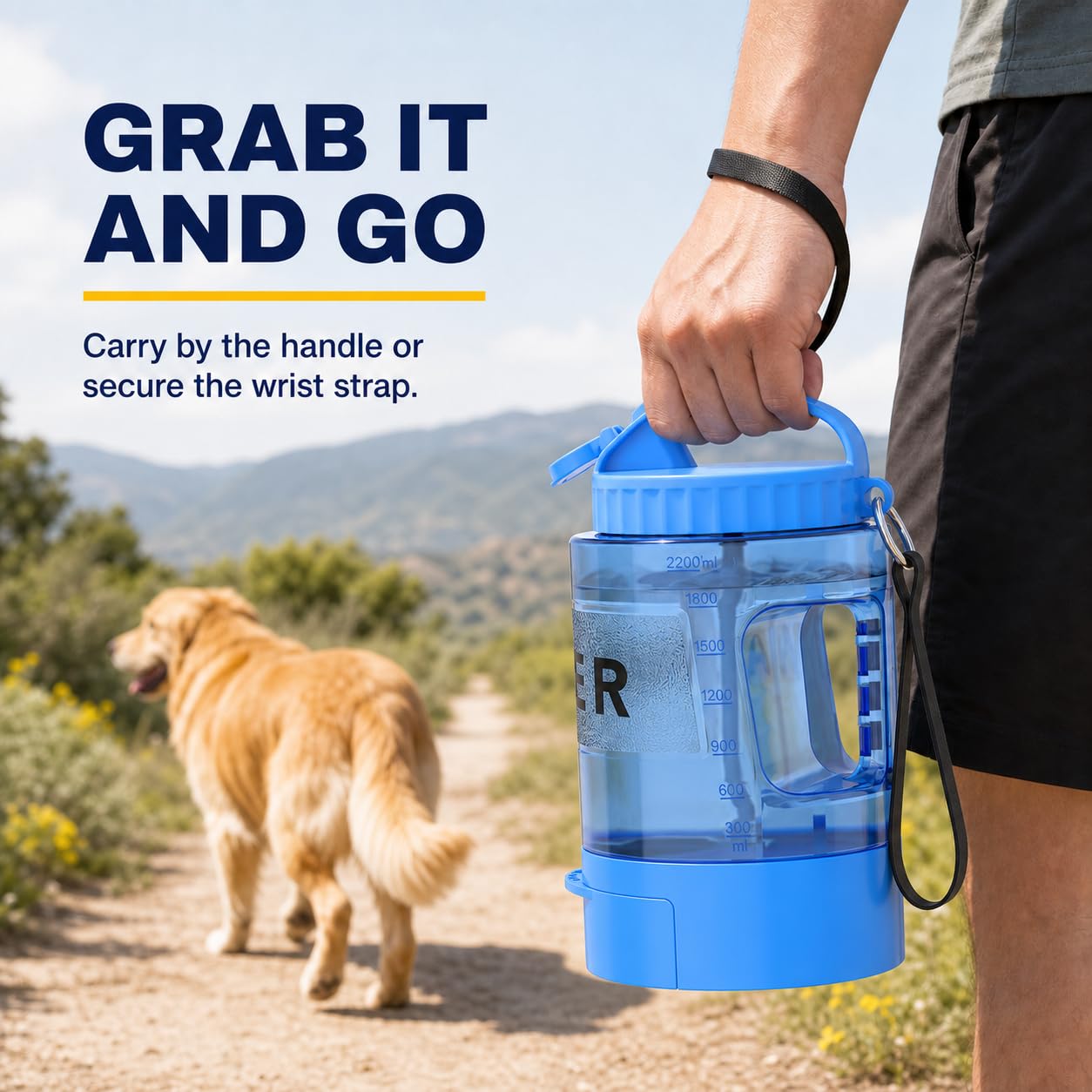 Tragbare Hunde-Wasserflasche, 2,2 l, großer Reise-Wassernapf, Spender für Hunde, Camping, Strand, Spazierengehen, Essentials, Blau