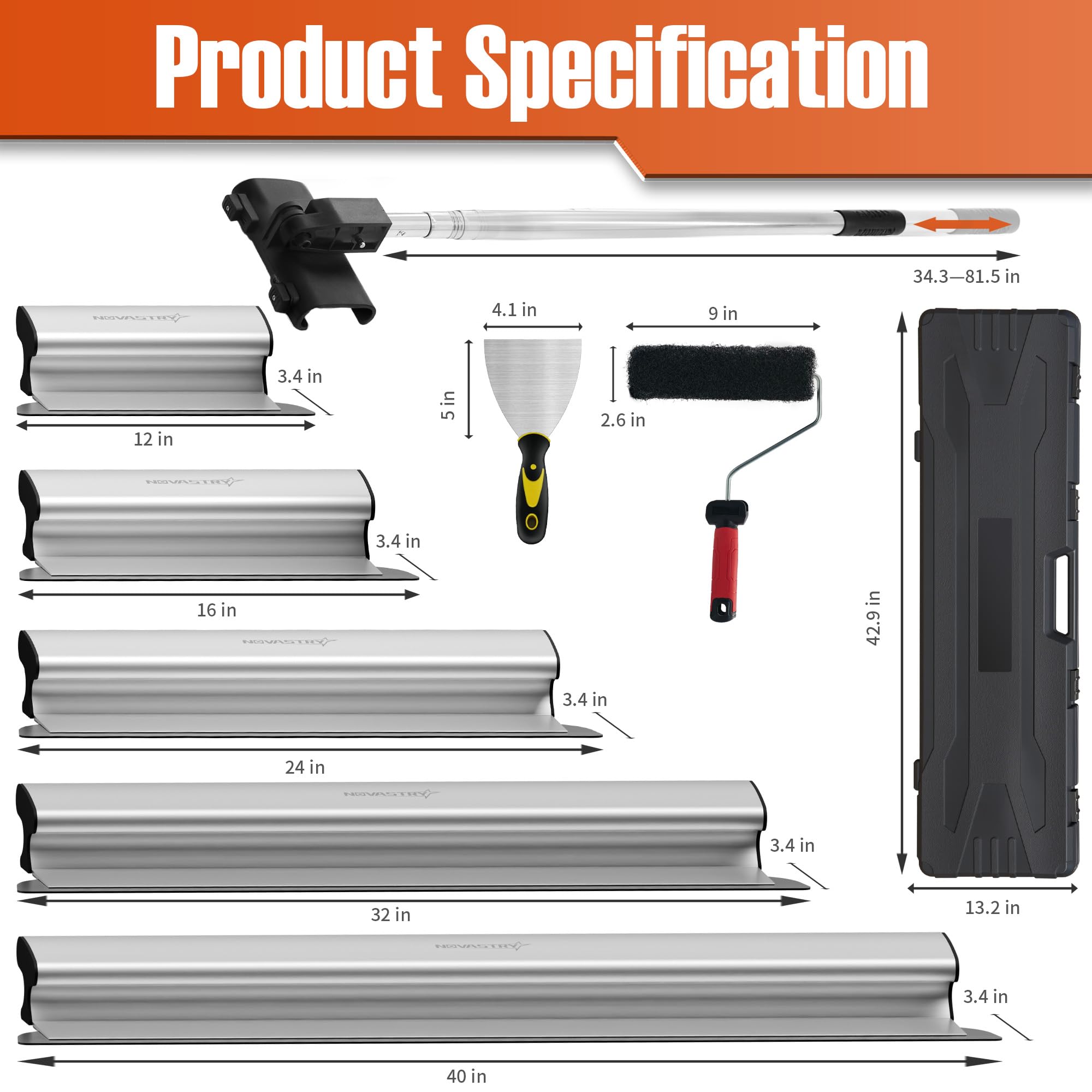 Set di spatole per superfici in acciaio inox, 30/40/60/80/100 cm, spatola per pareti e facciate per cartongesso, manico telescopico 86 – 206 cm, spatola senza attacco, set professionale con valigetta