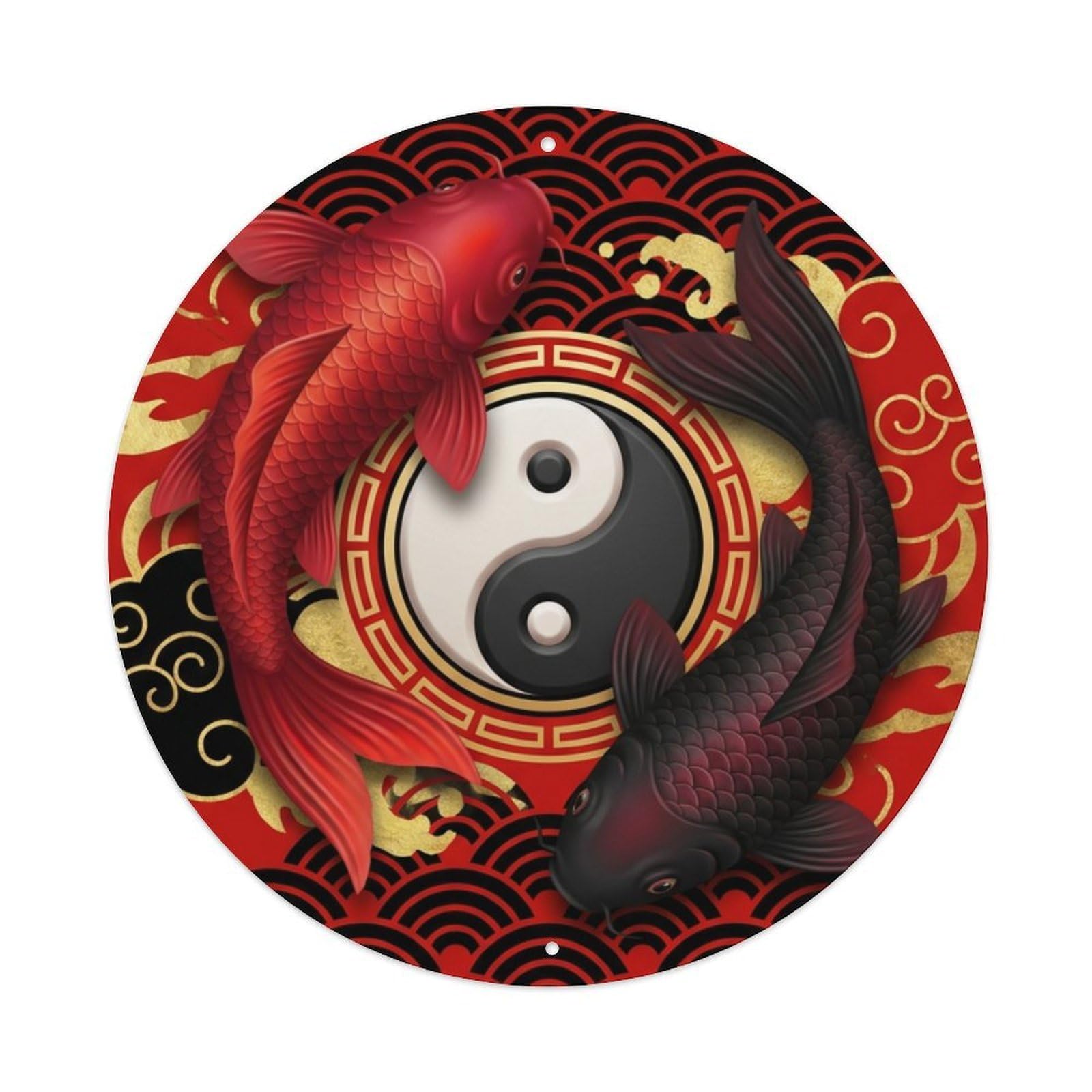 Metal Tin Sign Tai Chi Koi Fish Crimson Scarlet Red