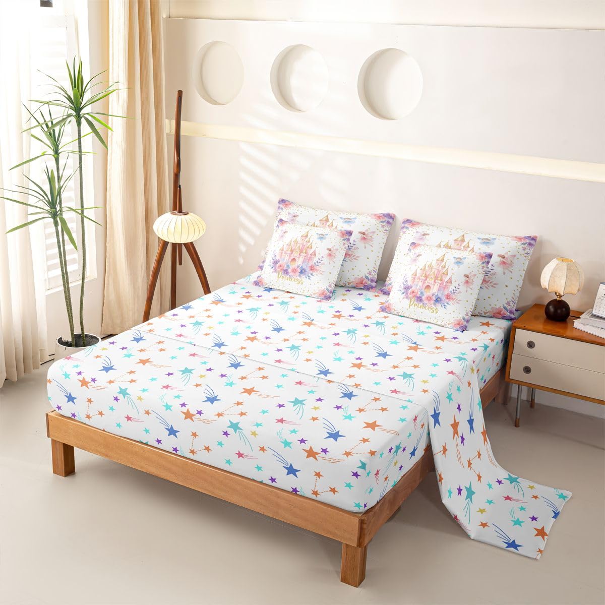 Loussiesd Juego de funda de edredón de 7 piezas para cama de matrimonio con funda de edredón, sábanas, fundas de almohada, fundas de cojín, color blanco, morado y rosa