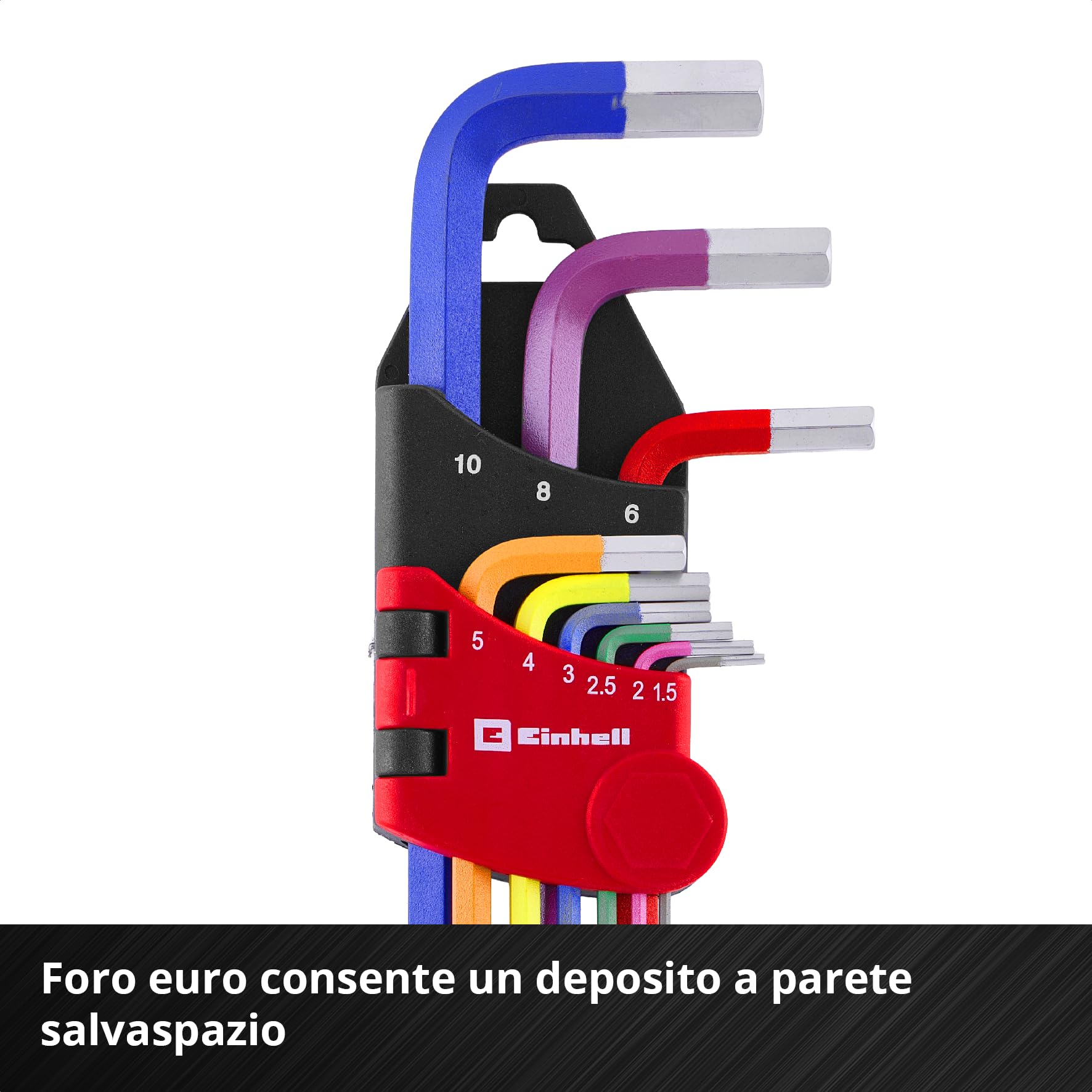 Original Einhell Set Chiavi Esagonali 9 pz (Acciaio S2, Testa Sferica, Funzione Doppia, Misure 1.5–10 mm, Supporto, Uso Pratico)