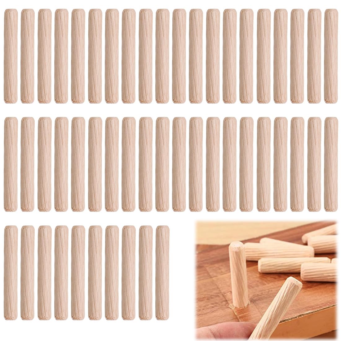 Legno Tasselli 50 Pezzi Rotondi Scanalati M6X40Mm, Perni Di Riferimento Per Cassetto Armadio Artigianale, Colore Naturale