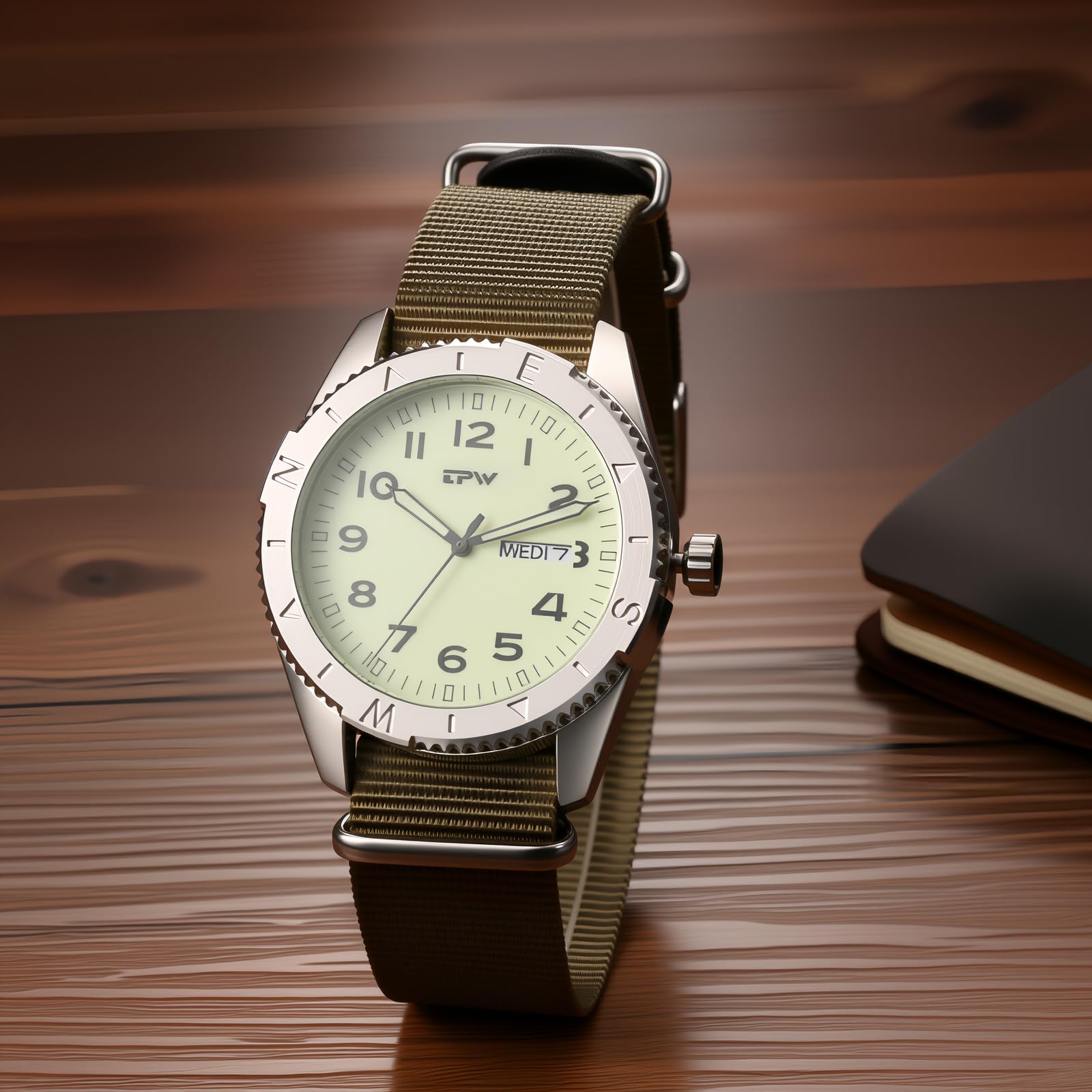 OIDEA Reloj Táctico Hombre Cuarzo: Correa Nylon Negro, Esfera Negro, Grandes Números Árabes, Fecha Semana, Agujas Luminosas, Bisel Giratorio, Estilo Military Field