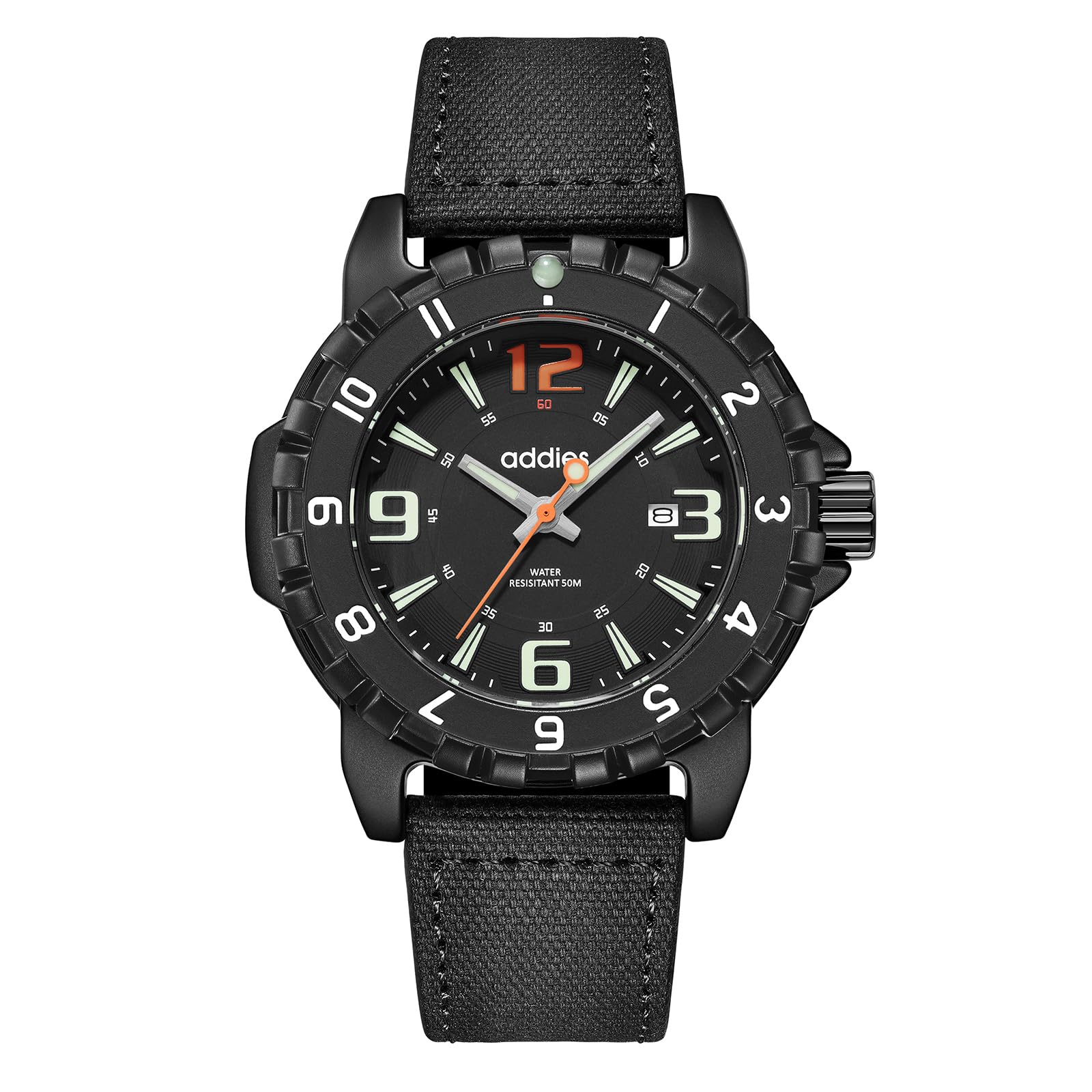 addies Montre militaire pour homme avec bracelet en tissu résistant à l'eau 50 m Mouvement à quartz lumineux Boîtier en acier inoxydable Montre cool pour tous les jours et l'extérieur