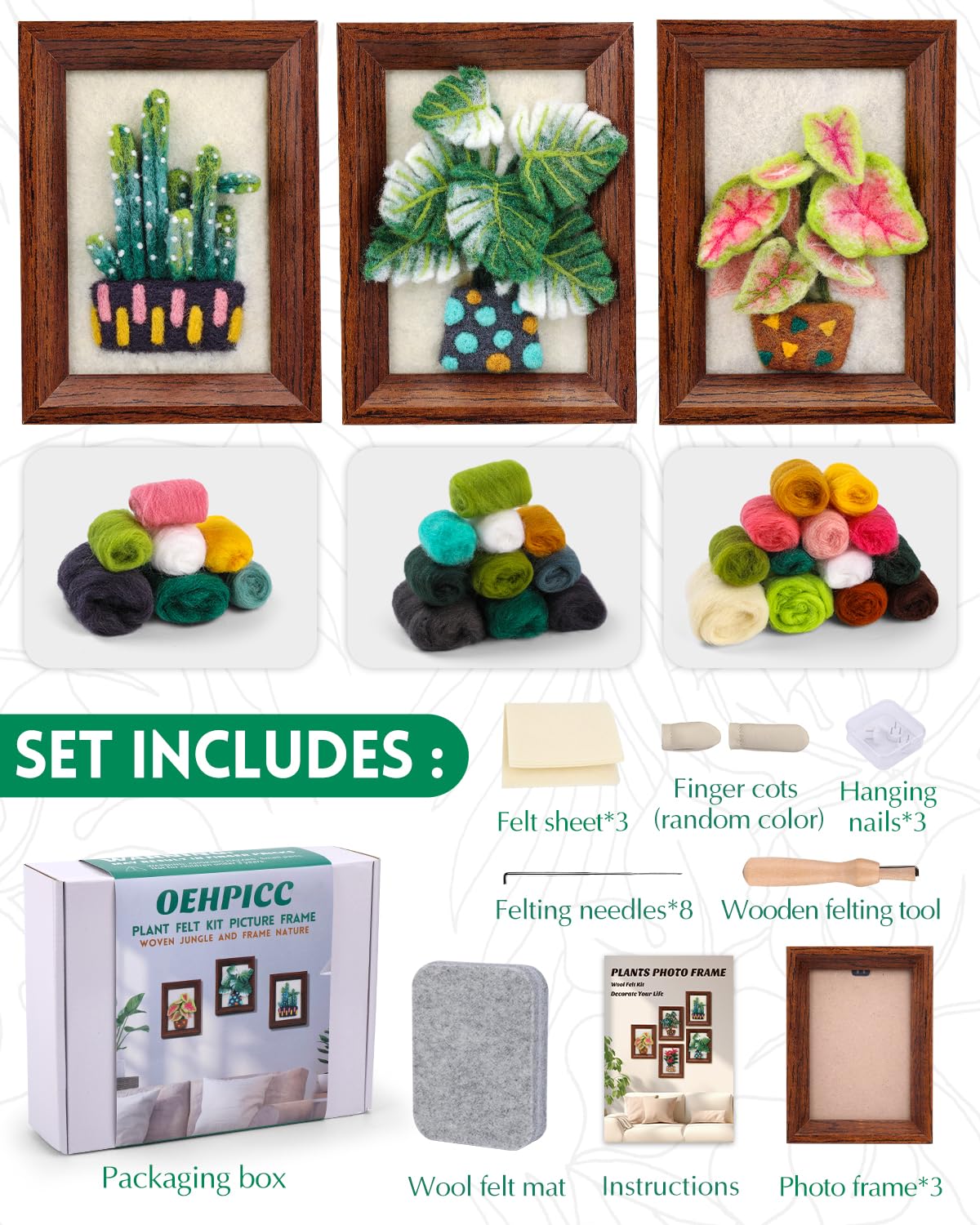 OEHPICC Kit de fieltro de aguja, suministros de arte de fieltro de lana con marco y herramientas (3 plantas en maceta) | Kit de pintura de fieltro de aguja para adultos incluye agujas de fieltro, hoja