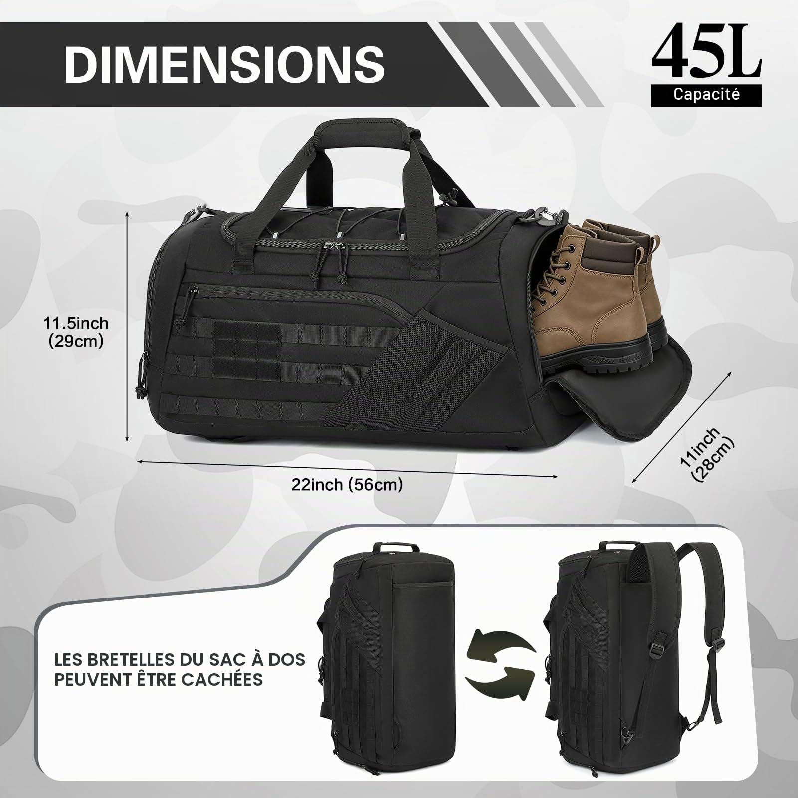 45L Sac de Voyage Tactique pour Homme 3 en 1 Sac à Dos de Sport avec Compartiment à Chaussures, Poche Humide et Sangles de Sac à Dos pour Fitness, Voyages ou Week-Ends (Noir)