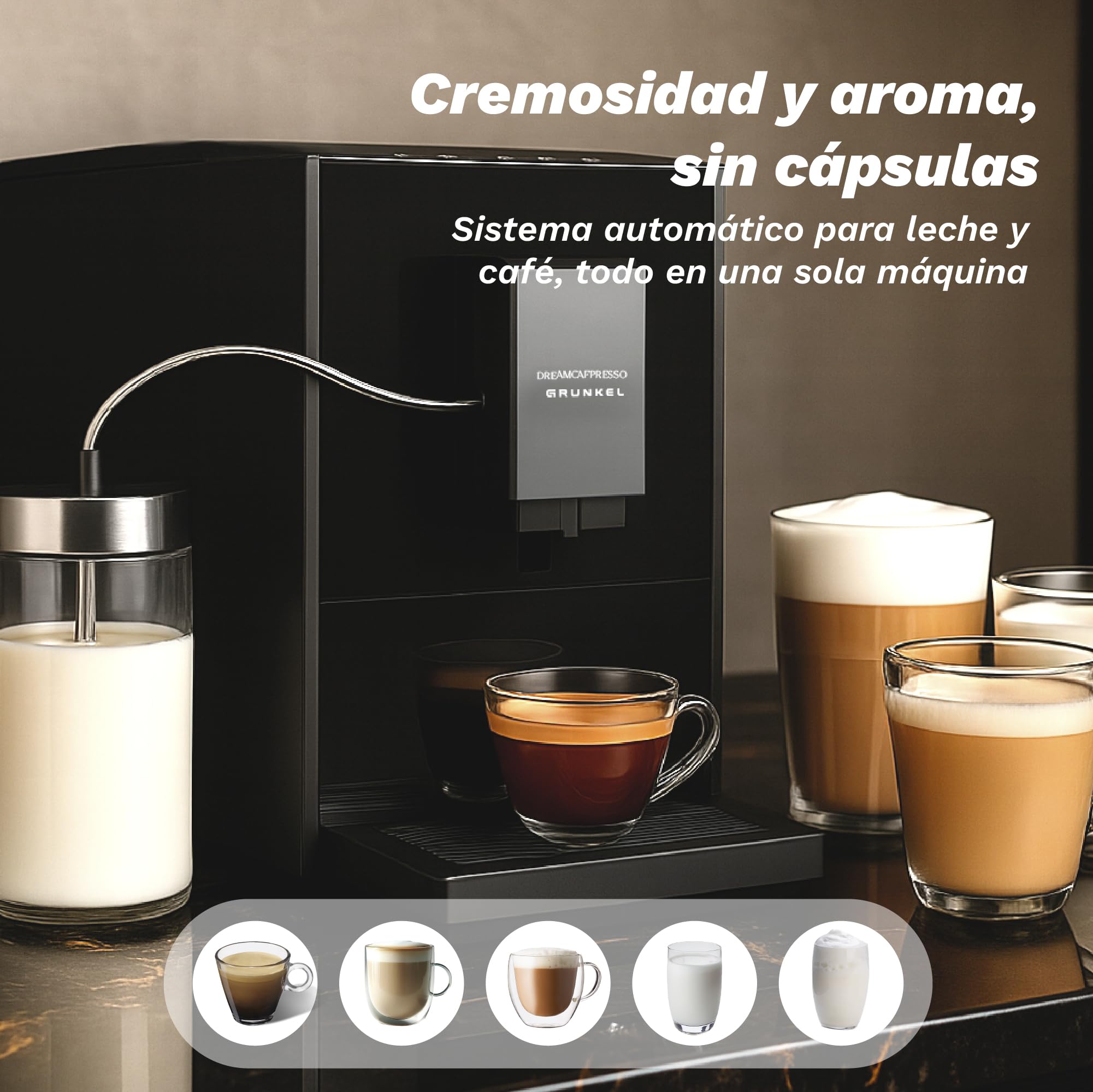 Grunkel DREAMCAFPRESSO Super automatyczny ekspres do kawy, 1,2 l, 5 napojów, ekran dotykowy, automatyczny spieniacz i podgrzewacz do mleka, zdejmowany młynek, 20 bar