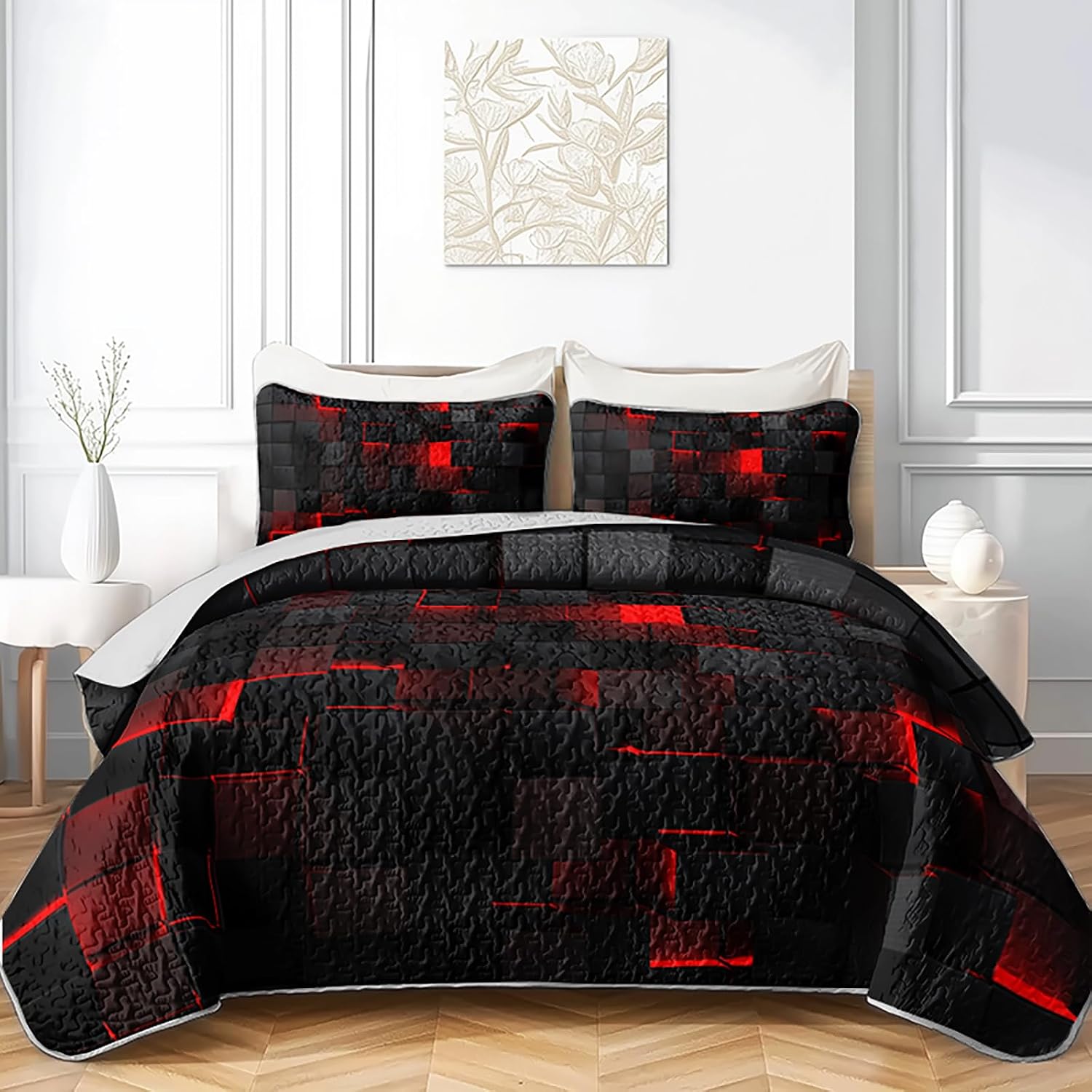 Nttopship 3 Piece Red Black Geometry Quilt Sets Twin Size,Neon Honeycomb Microfiber Bedding Set,Vibrant Bright Soft Lightweight Comforter Bedspread Coverlet (68''x86'') with 2 Pillow Case (20"x 30")