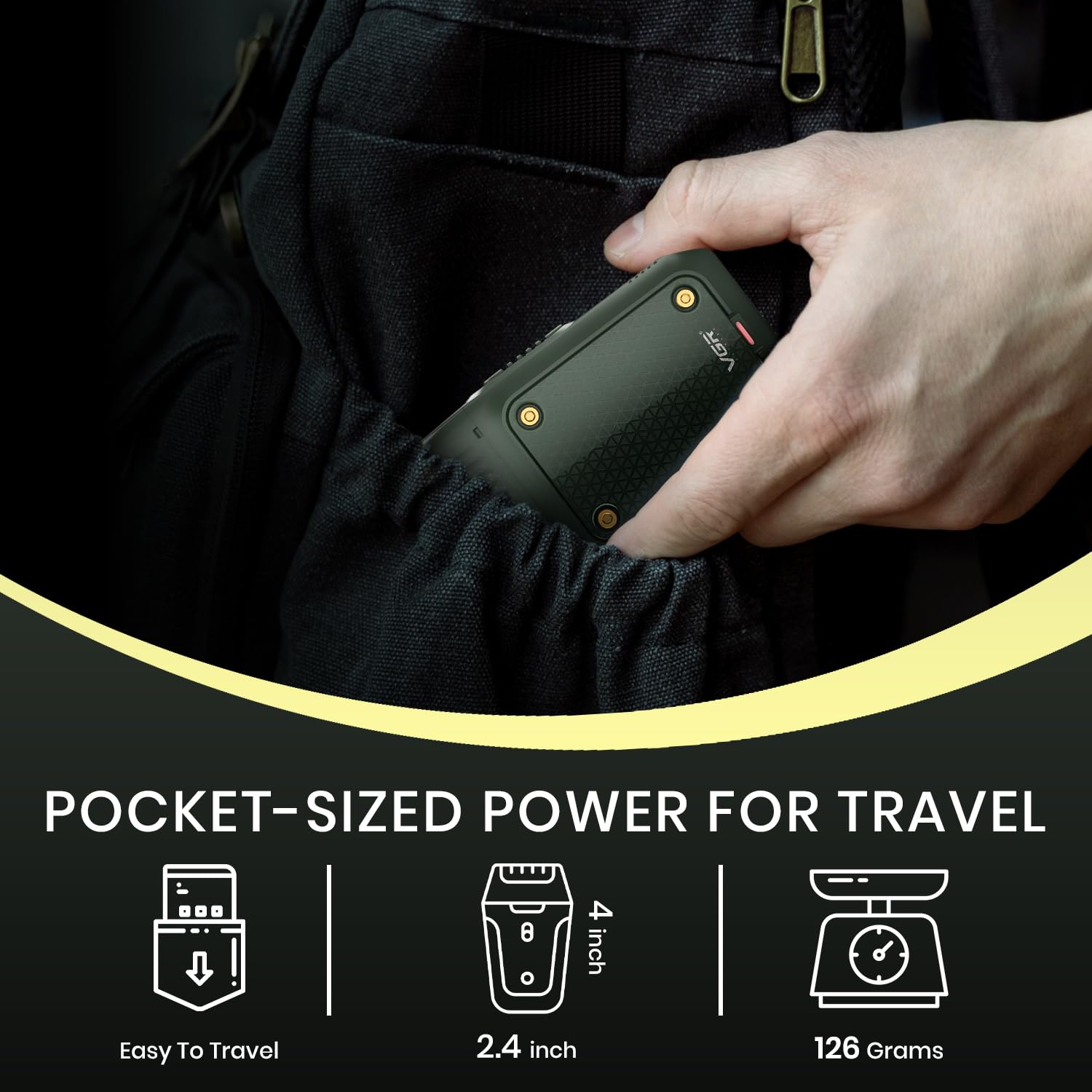 Image showing the VGR V-353 shaver being placed into a pocket, with icons indicating it's easy to travel, 2.4 inches wide, 4 inches tall, and weighs 126 grams (note: JSON states 200g).