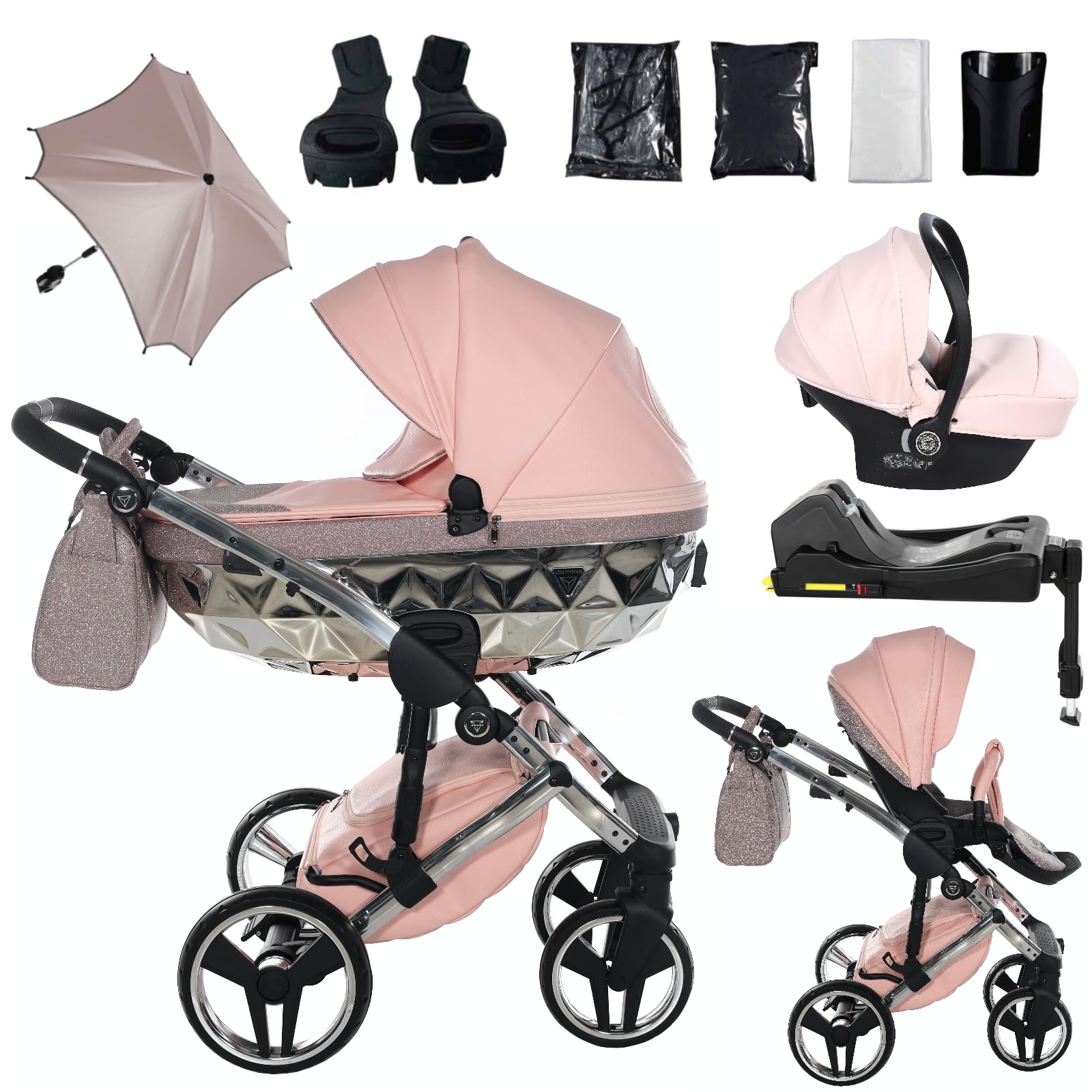 Junama Passeggino TRIO Hand Craft Glitter 01 Rosa e Argento - 2in1 3in1 4in1 + ombrellino (4 in 1 con Base ISOFIX)