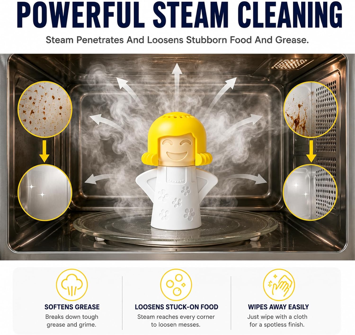 Microwave Steam Cleaner Tool, Fill with Vinegar & Water, Optional Lemon Drops, Heat 5-7 Minutes to Soften Grease & Residue, Non-Toxic Reusable Kitchen Cleaner for Microwaves (White) image 5