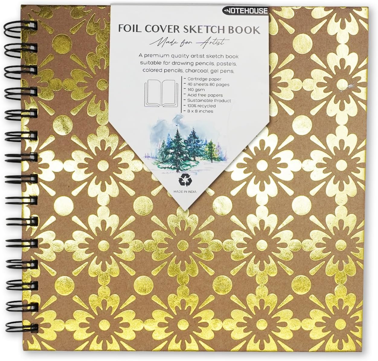 NOTEHOUSE Sketchbook 140 GSM, 80 Pages Spiral-Bound Drawing Notebook, Thick & Smooth Professional-Grade Premium Acid-Free White Cartridge Paper Unruled Artbook for Artist Painting (8x8 inch)