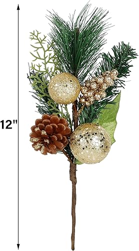 Miniatura 2 de DR.DUDU Paquete de 6 elegantes púas sintéticas de 12 pulgadas + adornos de globo dorado y plateado + cono de pino + hoja de Pascua verde + mini