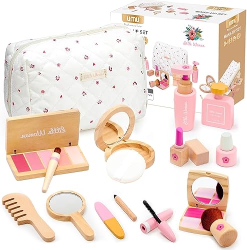 Juego de juguetes de maquillaje de madera para niñas, kit de maquillaje para niños pequeños de 3 a 5 años con sombra de ojos, rímel, perfume, rubor,
