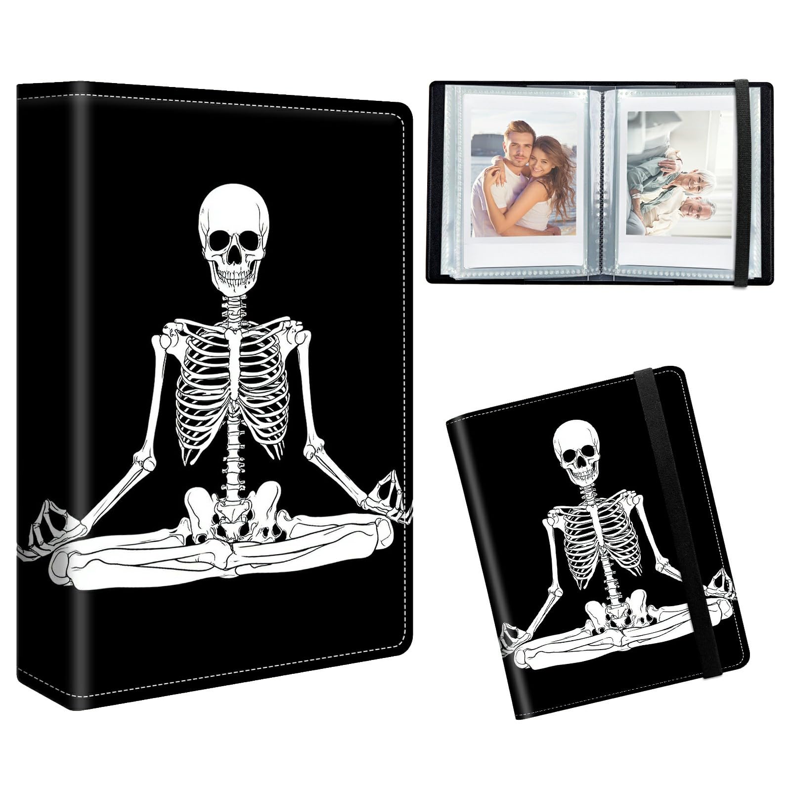 RWUTYTIUL Wedding Photo Album 2x3 60 Photos, Albums de Fotos PU Leather Cover Family Memorial Anniversary Birthday Scrap Book Picture Holds with Strong Elastic Band, Sitting Skull